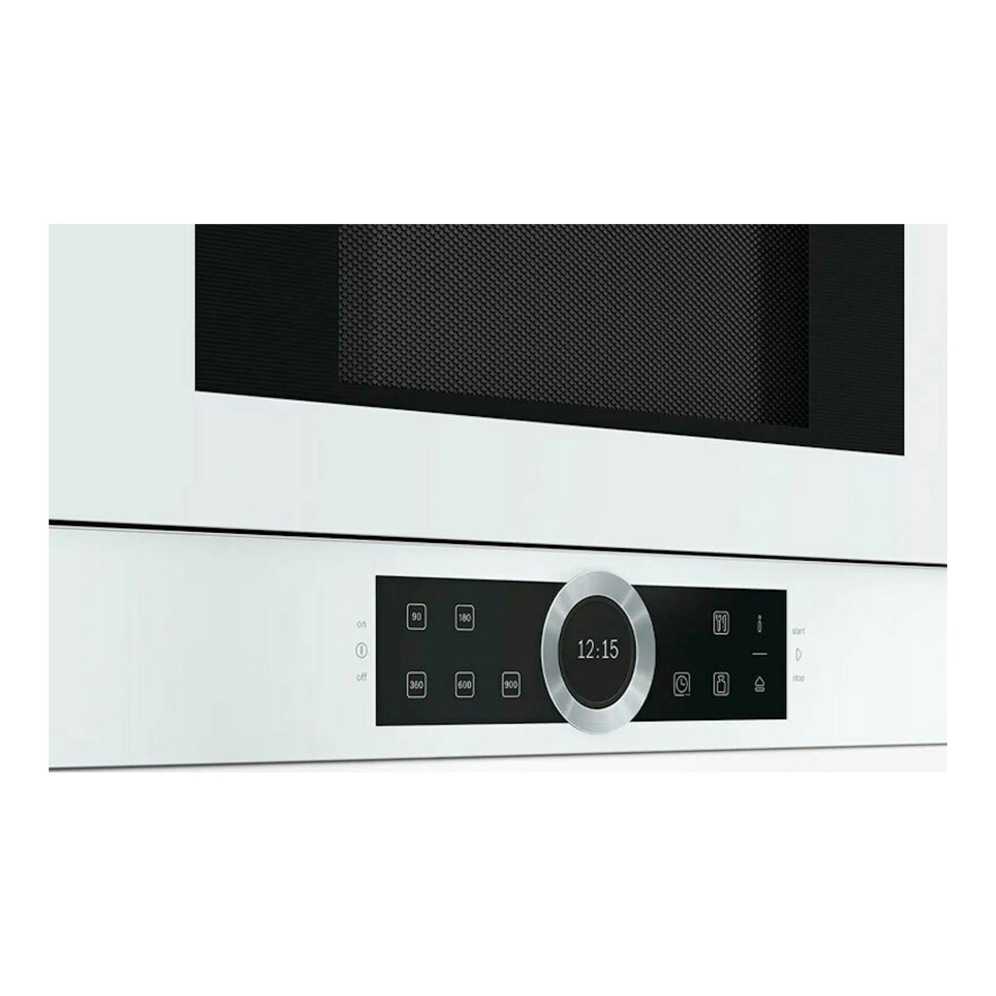 Microondas Bosch BFL634GW1 blanco, vista frontal con panel negro y selector central.
