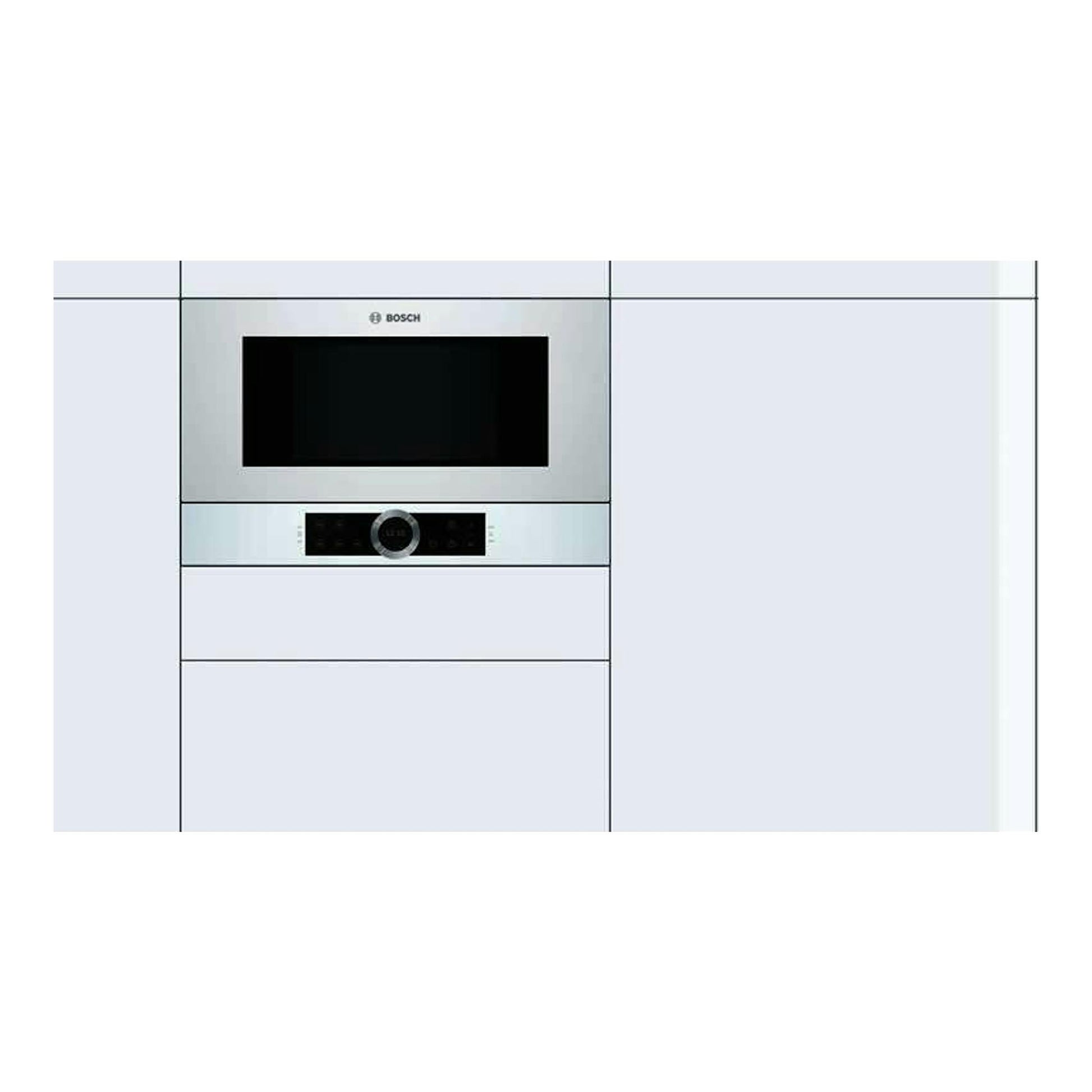 Microondas empotrado Bosch BFL634GW1 blanco, vista frontal, con puerta negra y panel de control central.