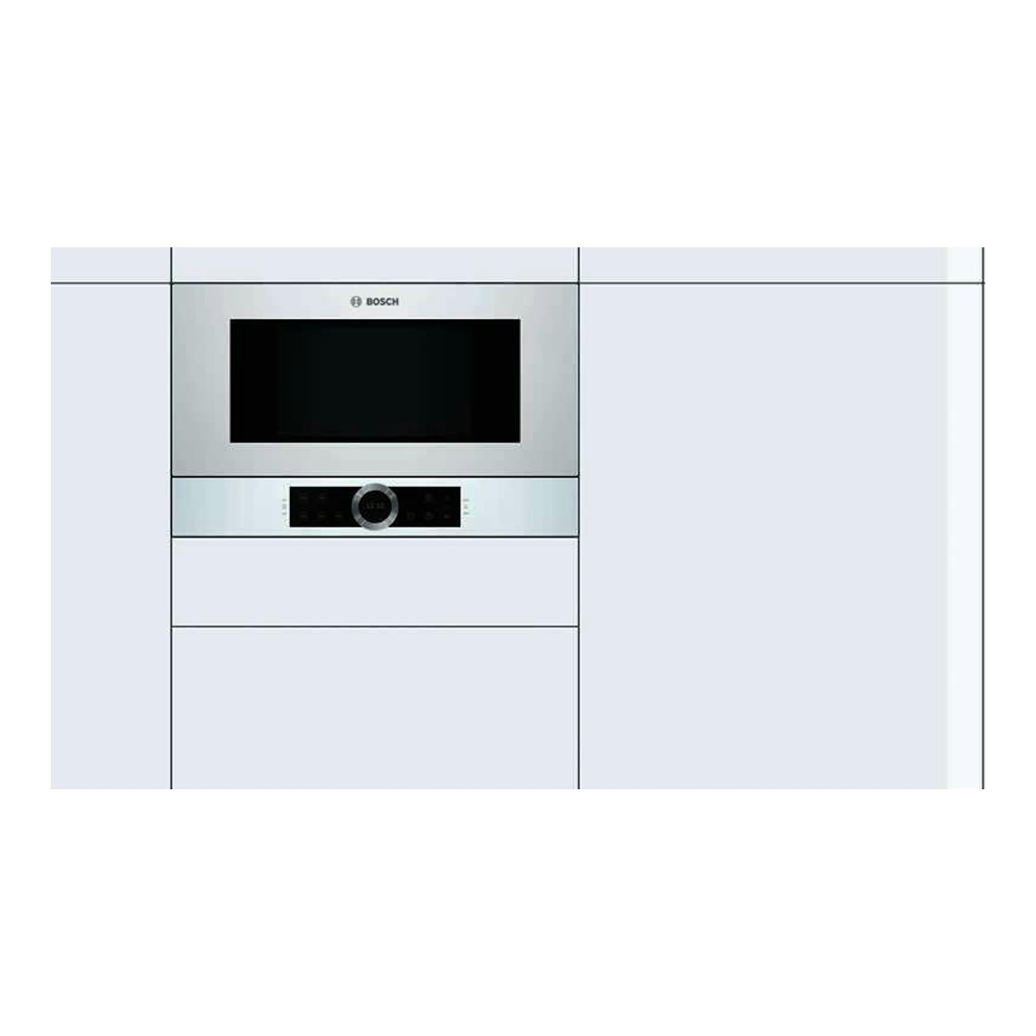Microondas empotrado Bosch BFL634GW1 blanco, vista frontal, con puerta negra y panel de control central.