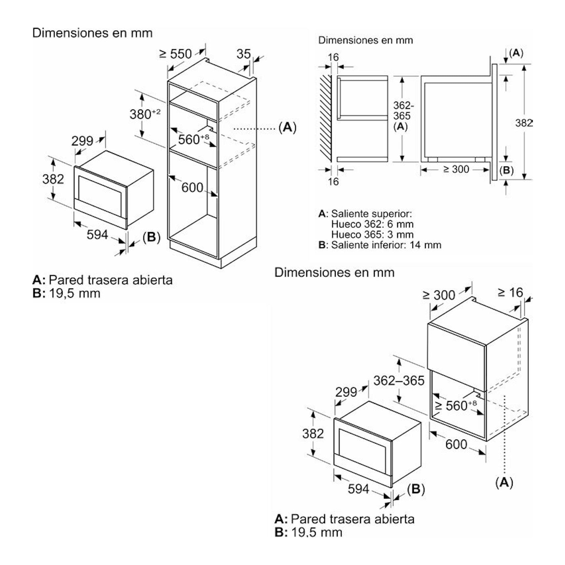 Bosch BFL7221B1, esquema técnico de microondas empotrable negro con dimensiones frontal y lateral.