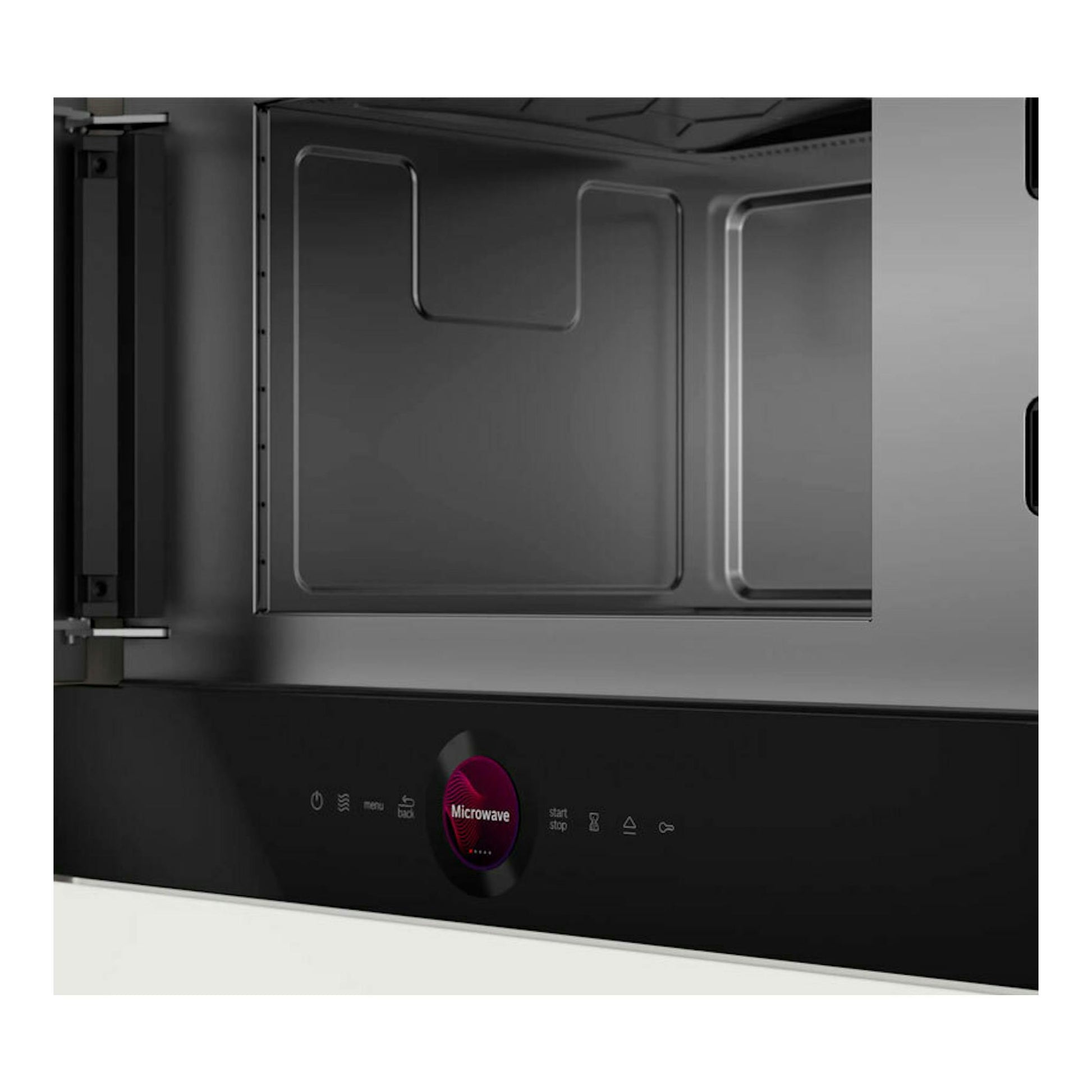 Microondas empotrable Bosch BFL7221B1 negro, vista frontal con puerta abierta y panel táctil.