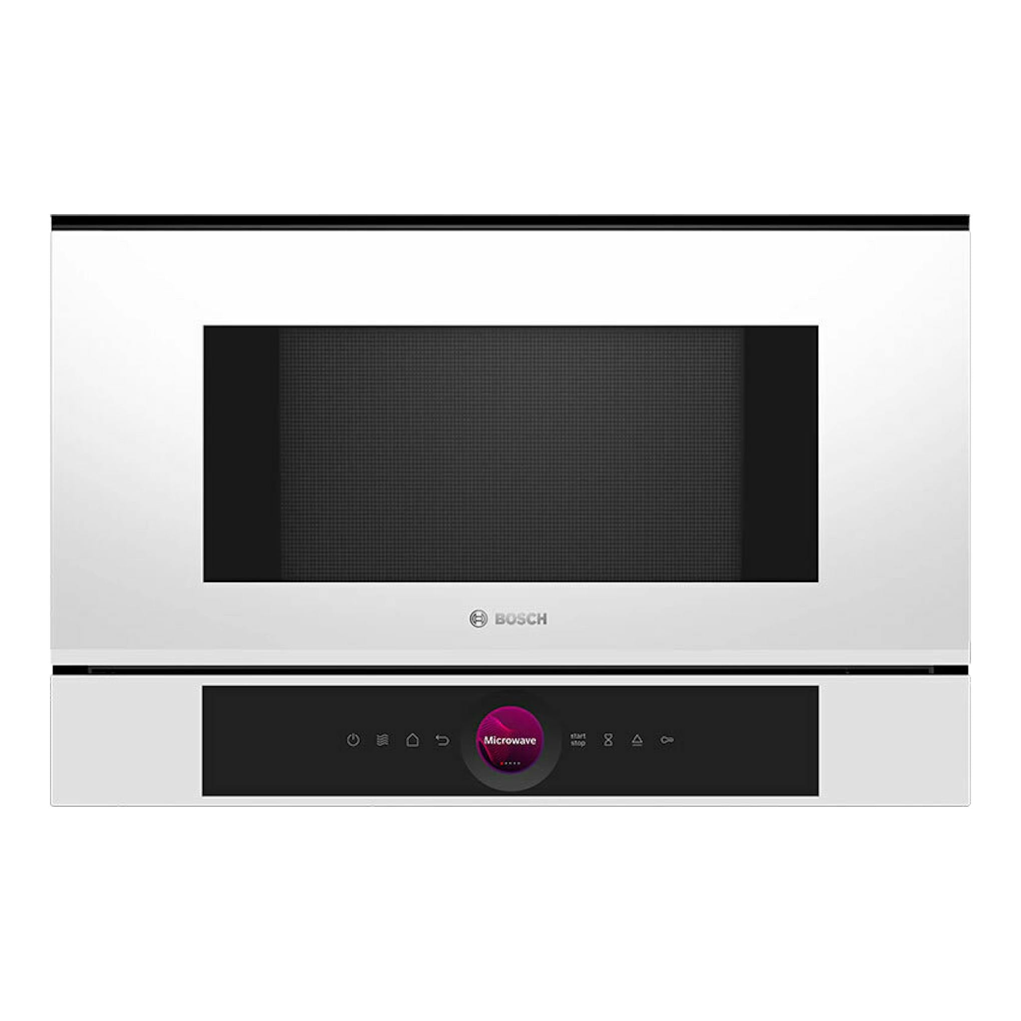 Microondas Bosch BFL7221W1 blanco, vista frontal empotrada con panel negro y pantalla central.