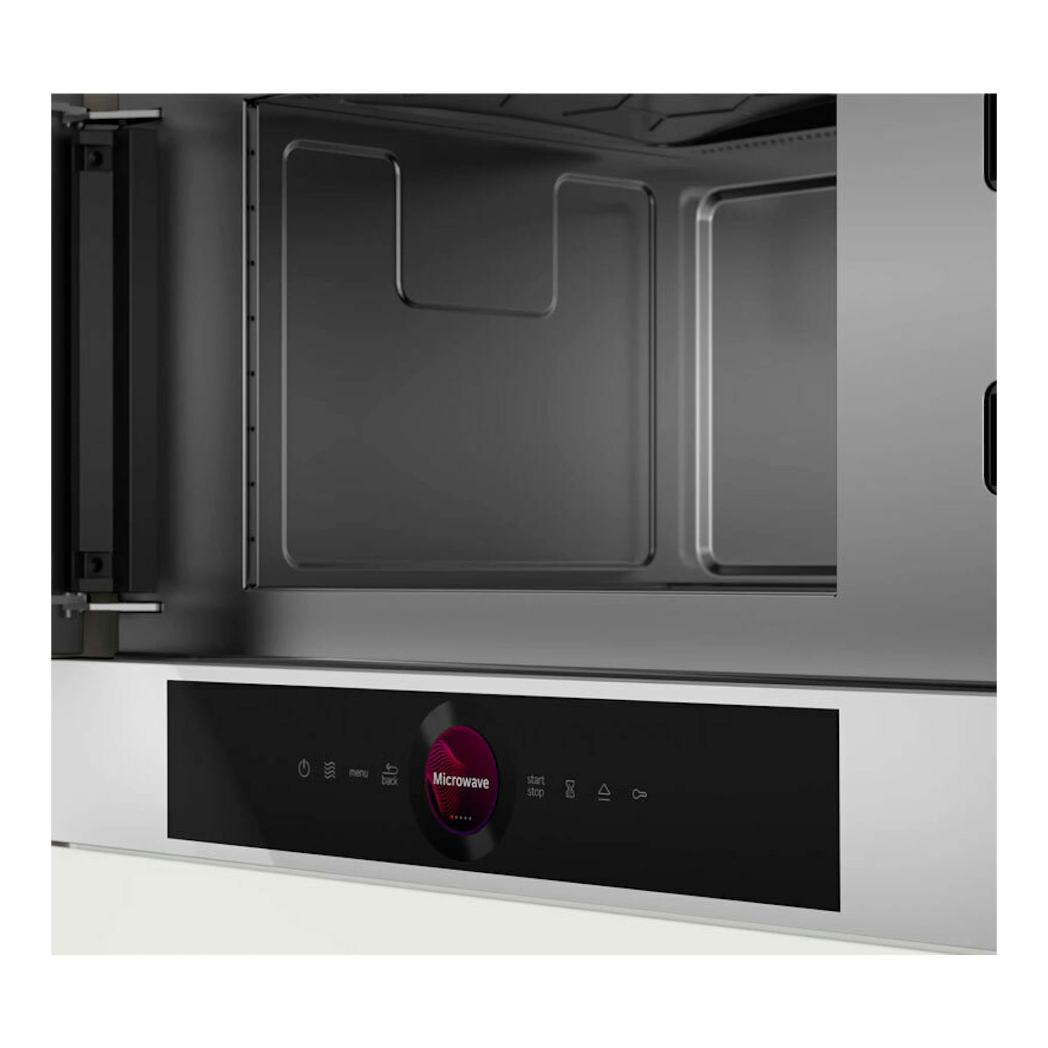 Microondas Bosch BFL7221W1 blanco, con puerta abierta y panel táctil negro.