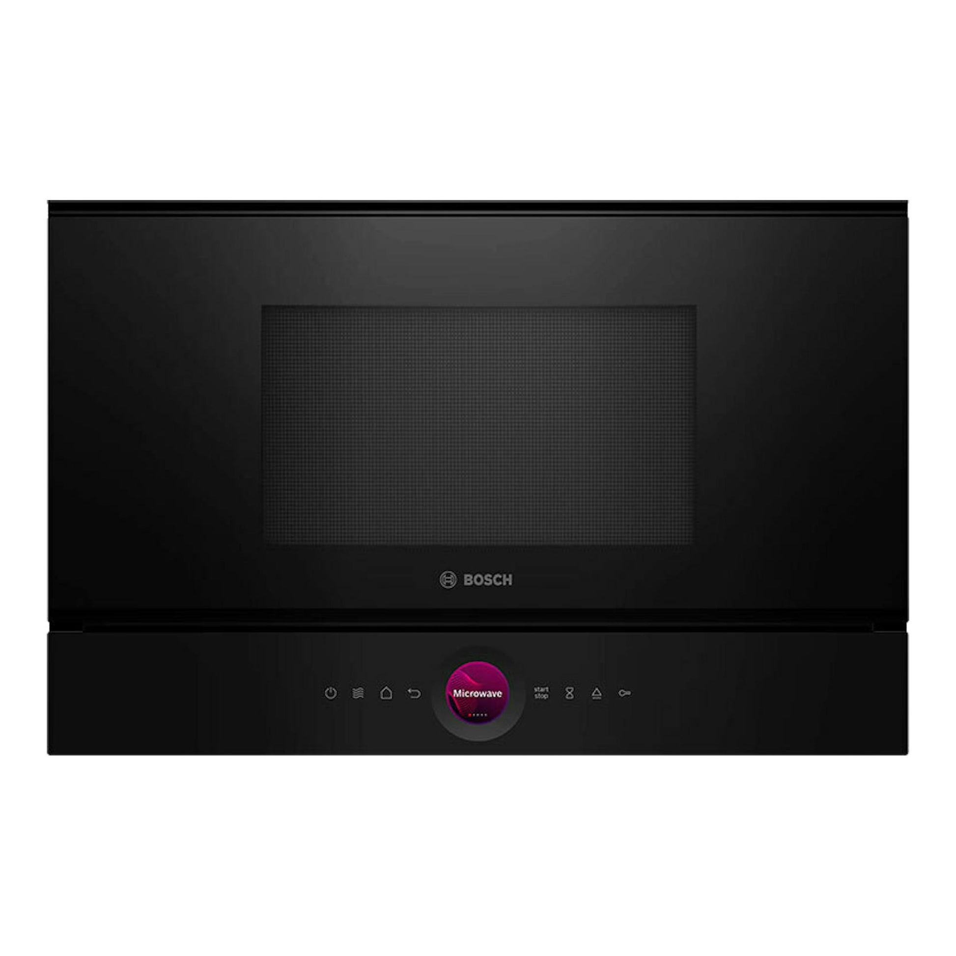 Microondas Bosch BFR7221B1 negro, vista frontal, con puerta de cristal y panel táctil inferior.