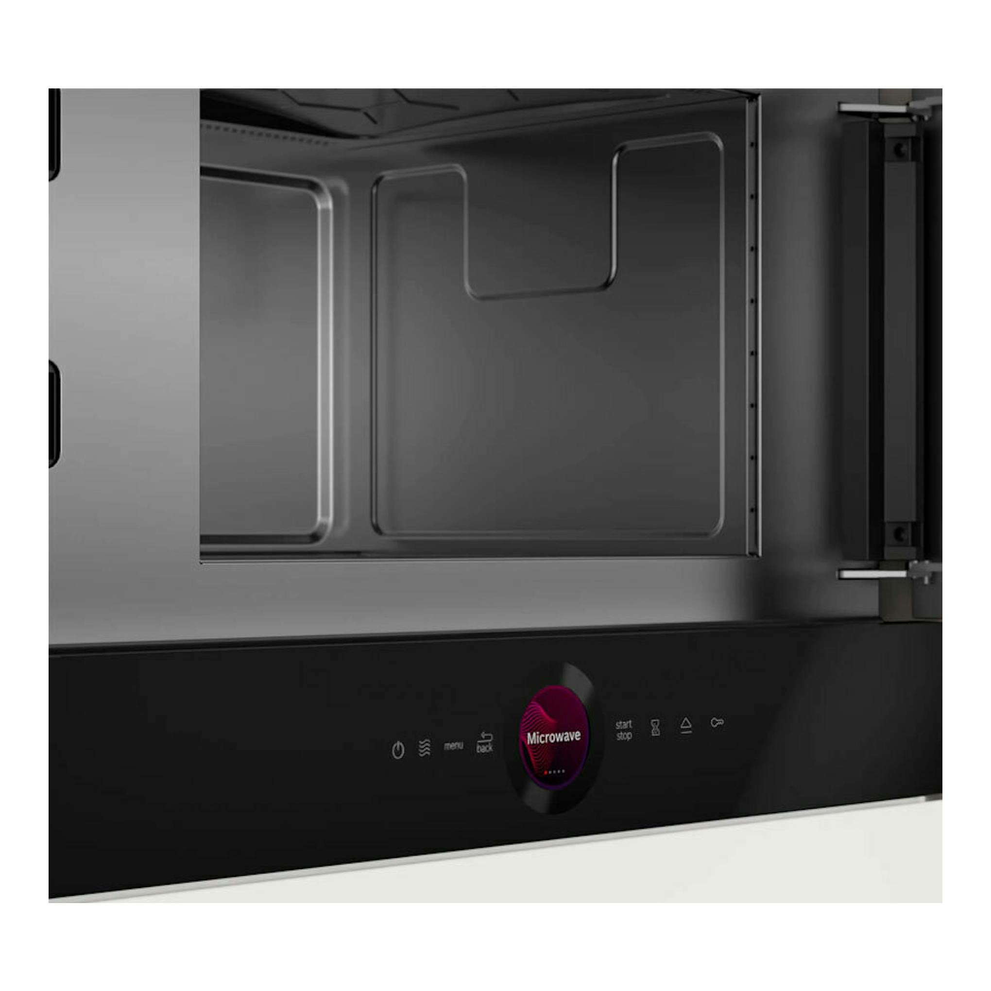 Microondas Bosch BFR7221B1 negro, vista frontal parcial con interior abierto y panel táctil negro.