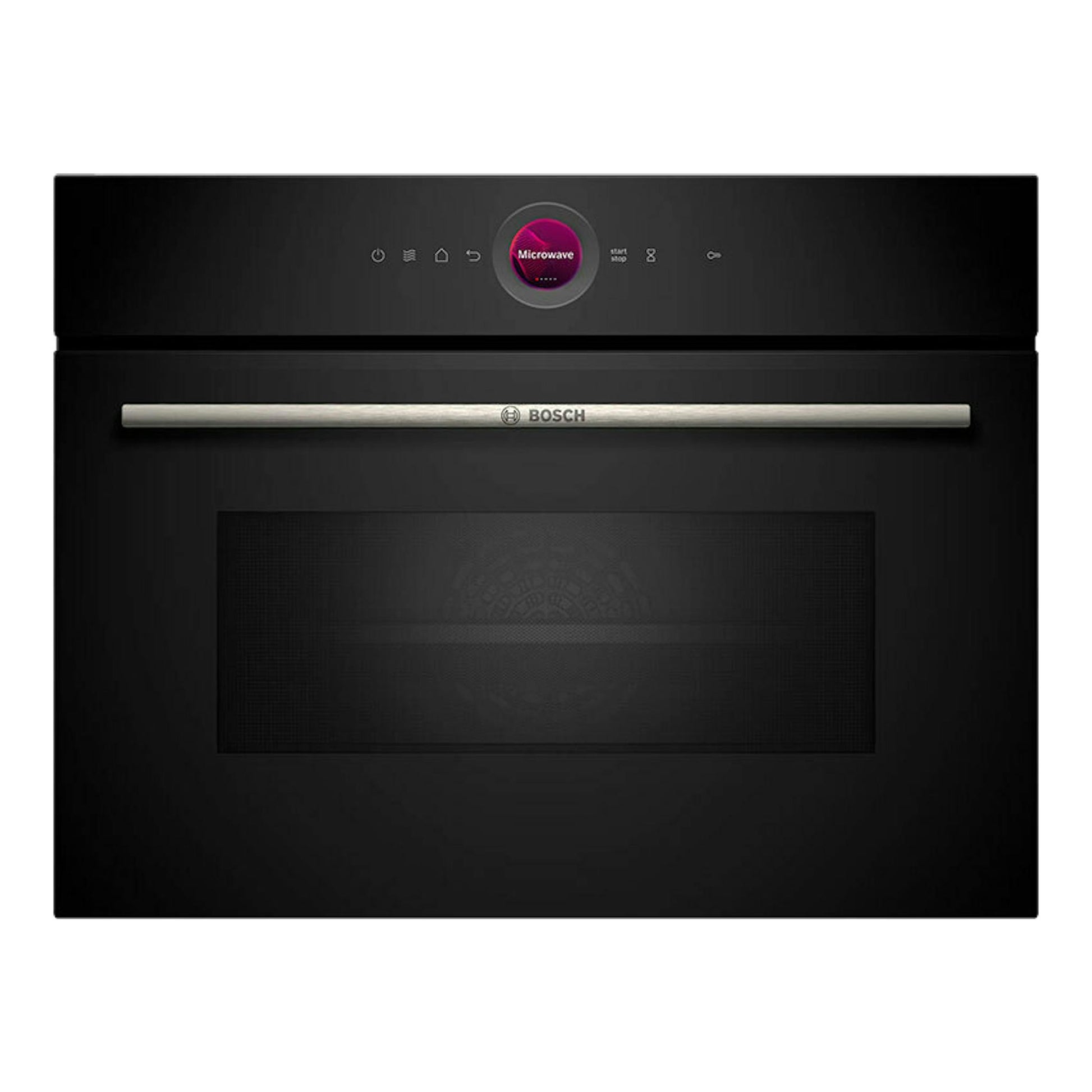 Microondas Bosch CEG732XB1 negro, vista frontal, con panel táctil y puerta de cristal oscuro.