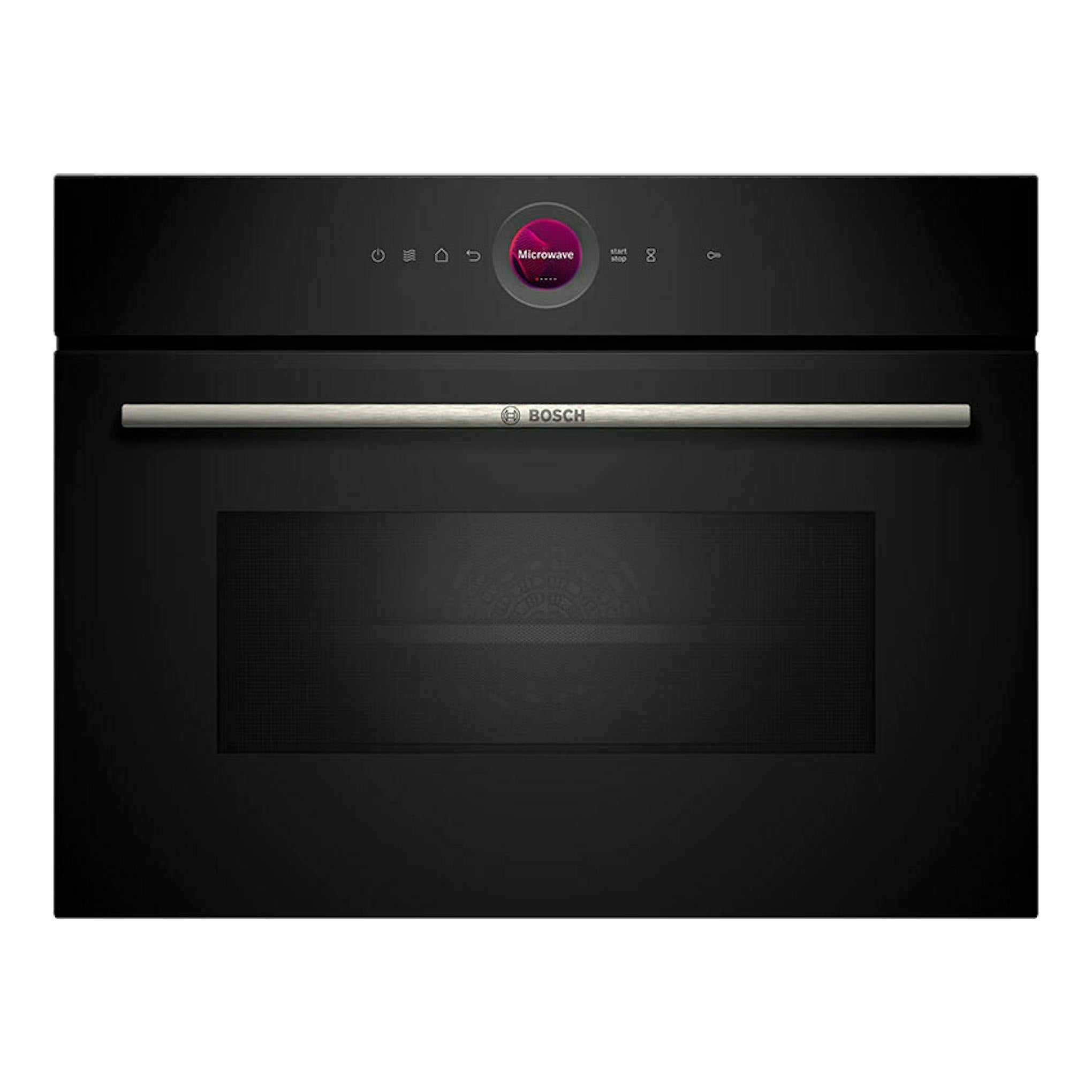 Microondas Bosch CEG732XB1 negro, vista frontal, con panel táctil y puerta de cristal oscuro.