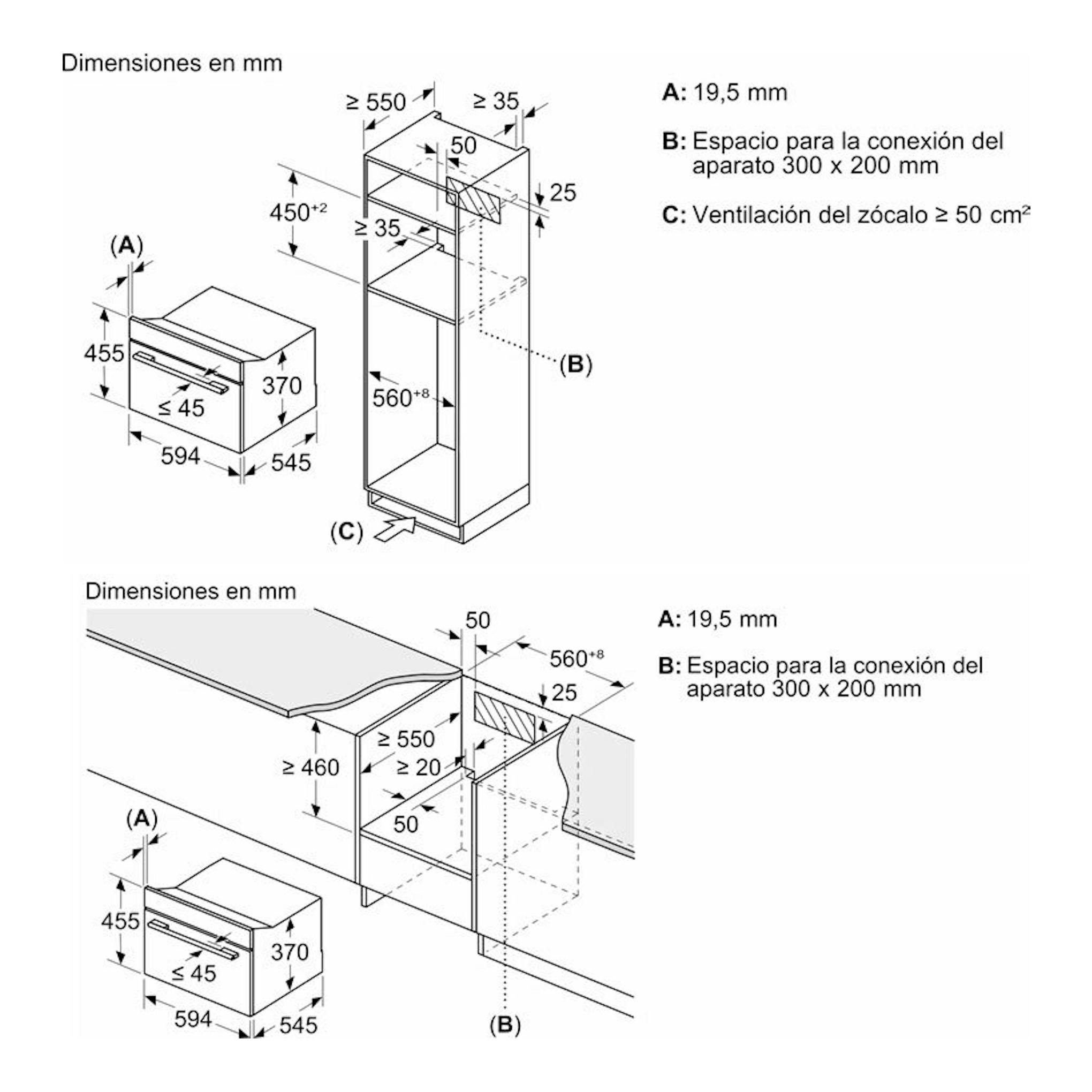 Bosch CEG732XB1: plano técnico de instalación de microondas empotrable, vistas frontal y lateral, medidas en mm.