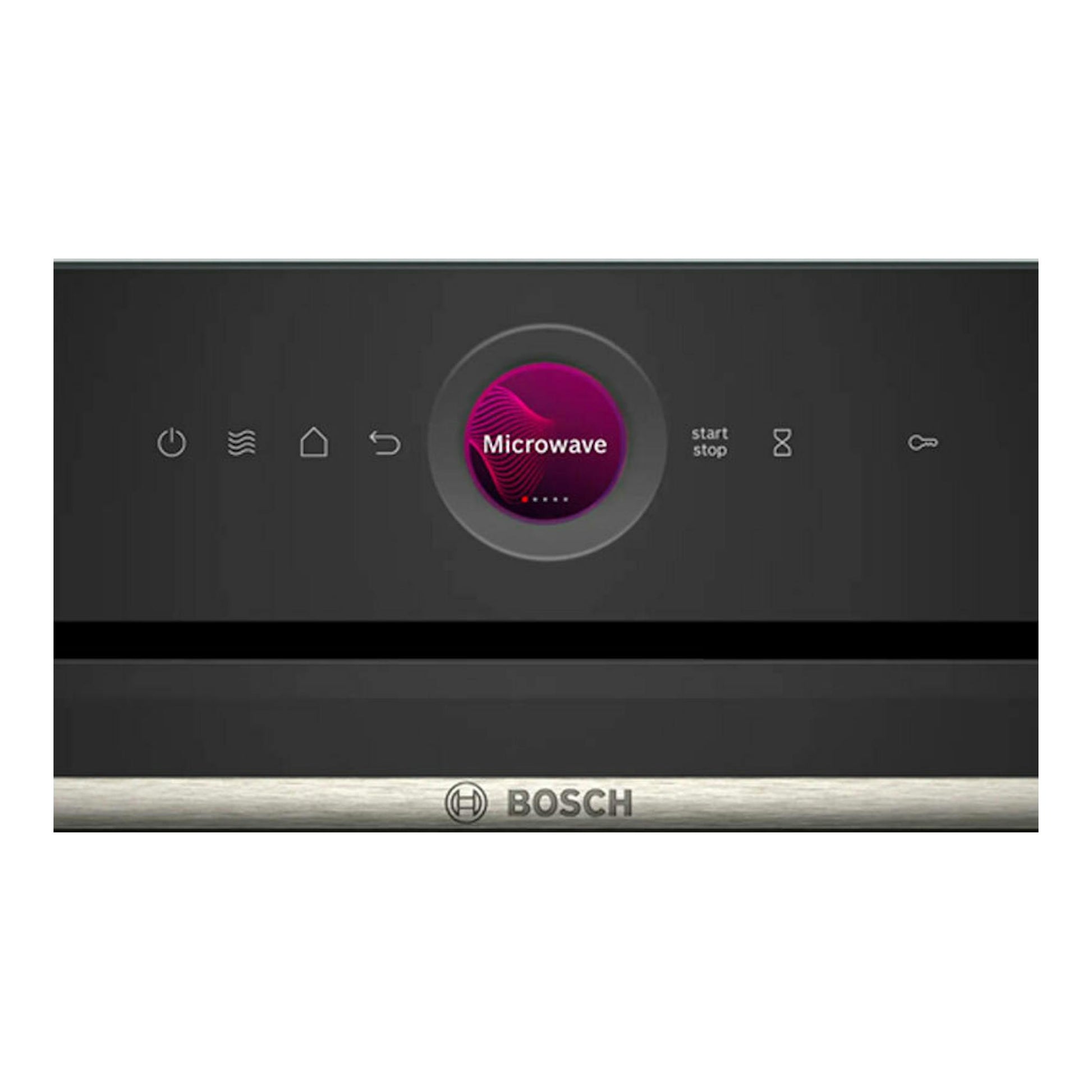 Microondas Bosch CEG732XB1 negro, vista frontal del panel de control y tirador metálico.
