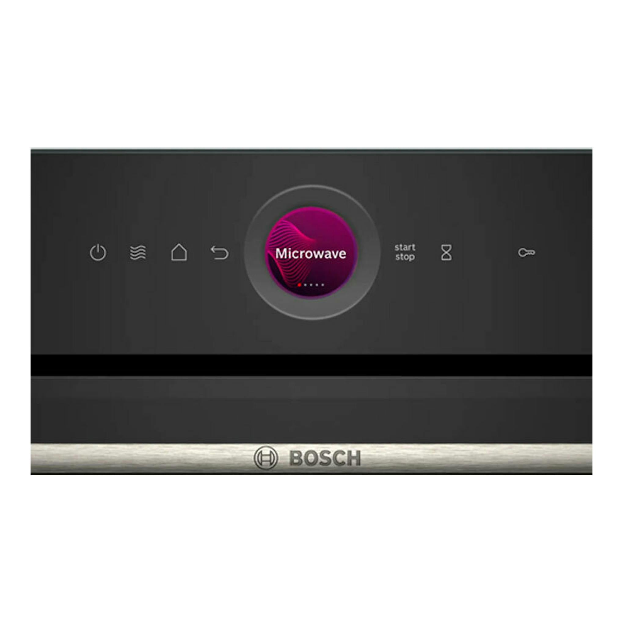 Microondas Bosch CEG732XB1 negro, vista frontal del panel de control y tirador metálico.