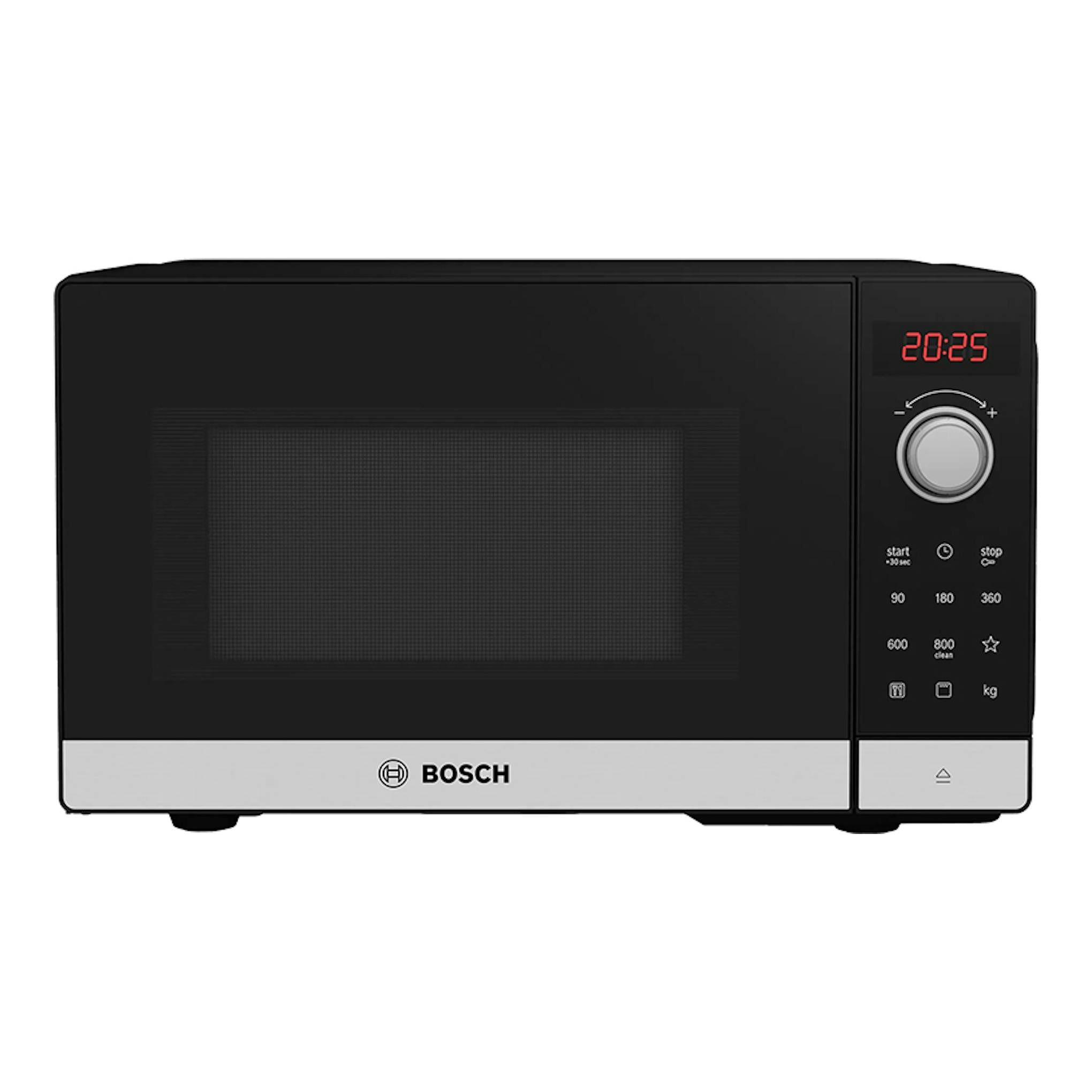 Microondas Bosch FEL023MS2 en negro e inox, vista frontal, con display digital y mando lateral.