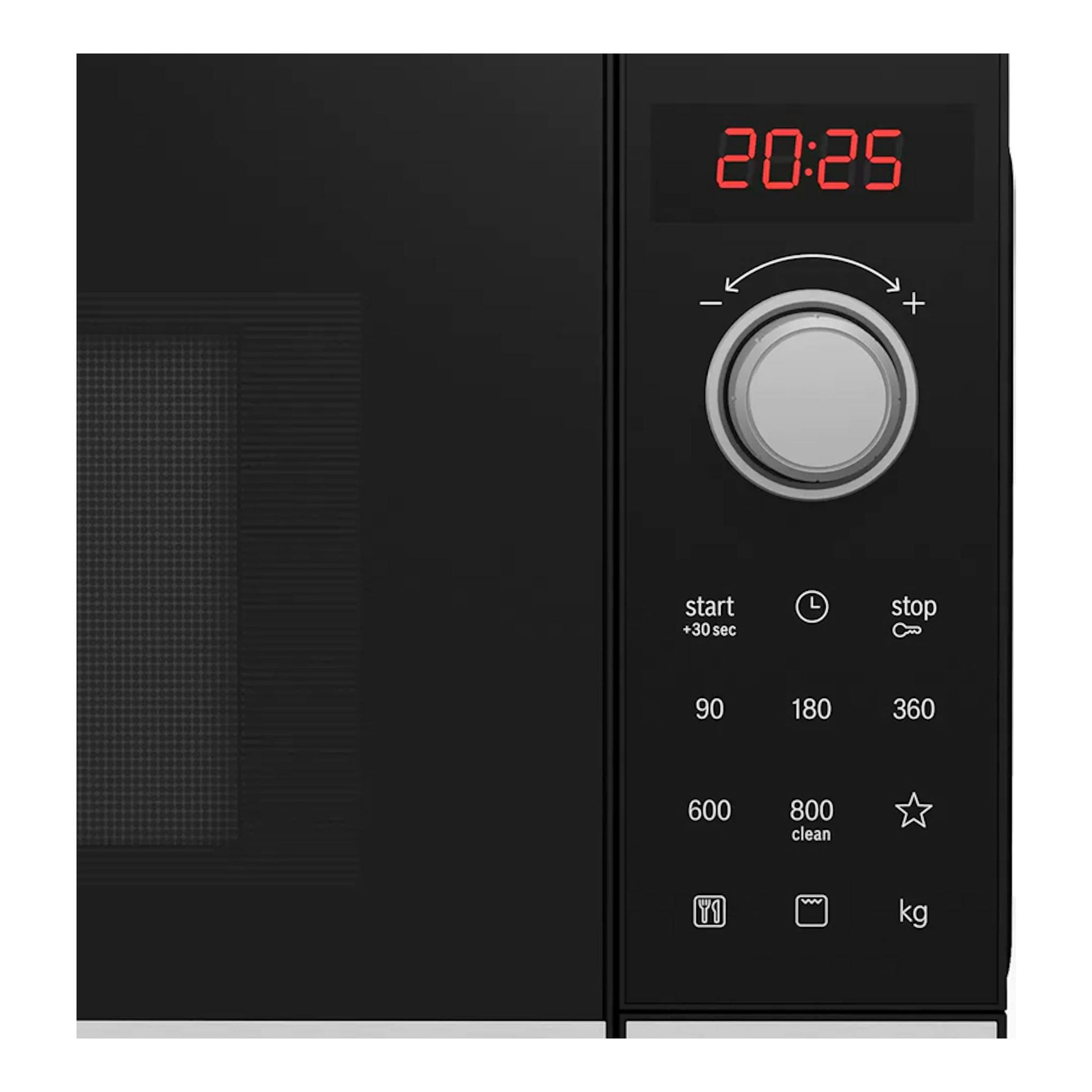 Microondas Bosch FEL023MS2 negro, vista frontal parcial, con display rojo, mando giratorio y botones.