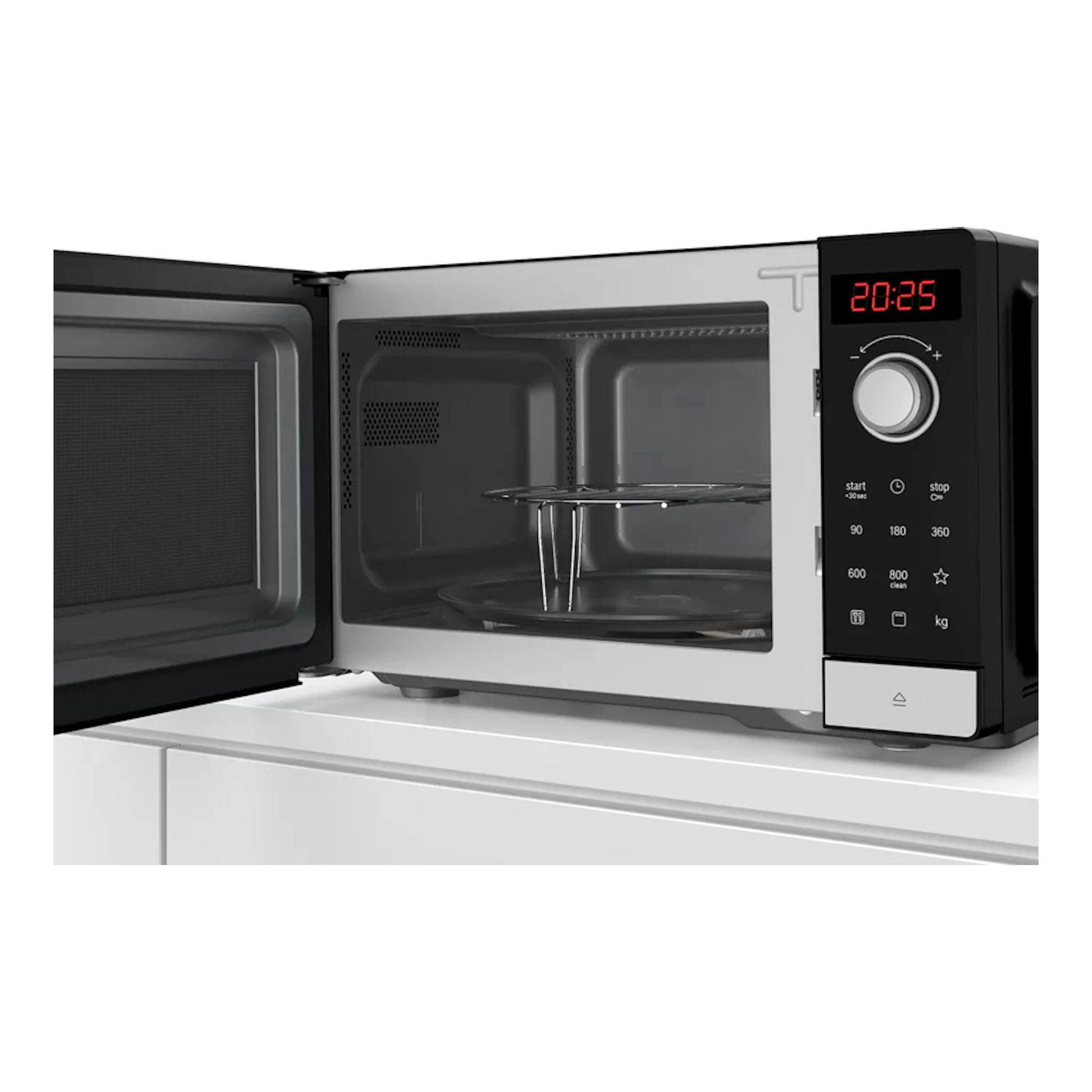 Microondas Bosch FEL023MS2 negro e inox, con puerta abierta, interior visible y display digital 20:25.