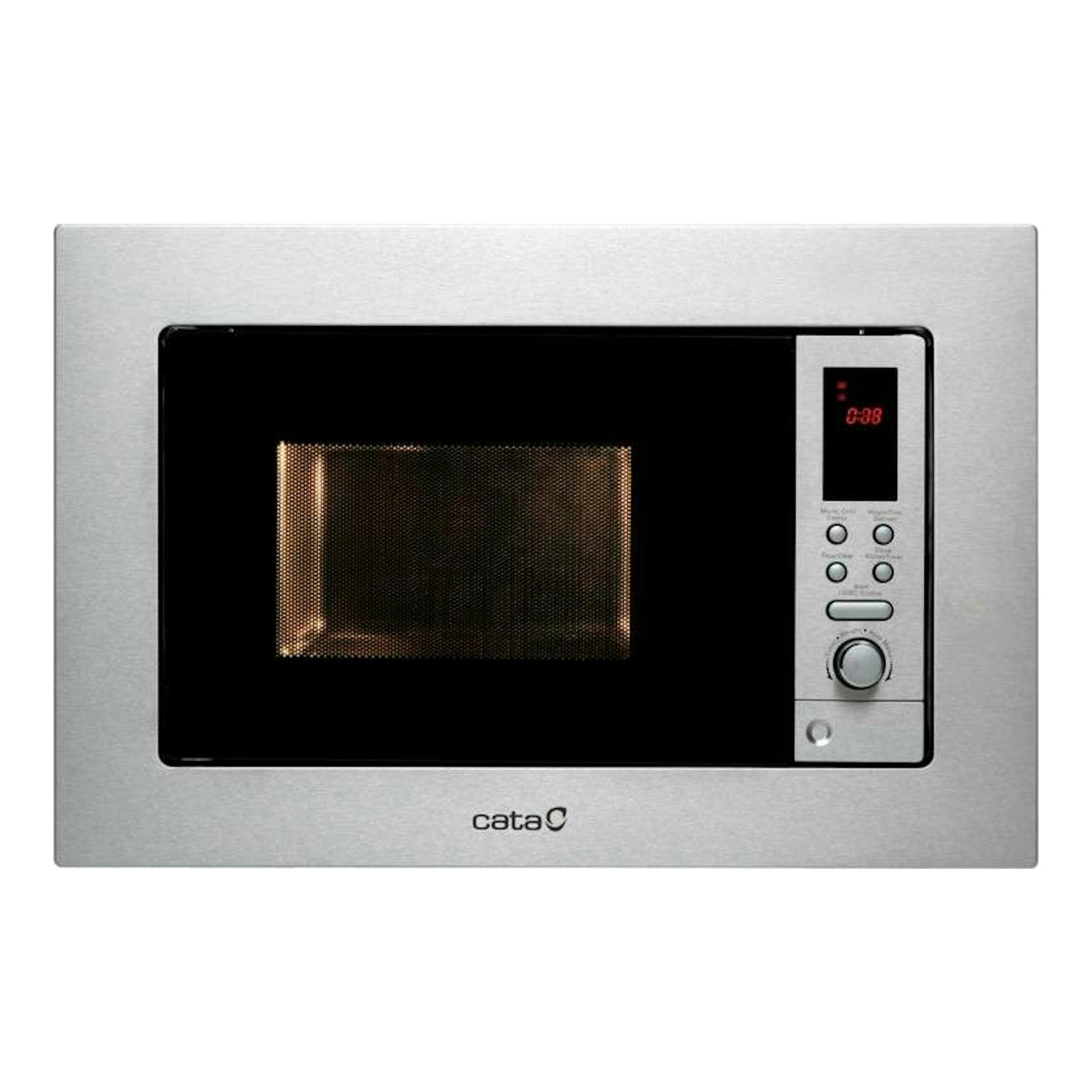 Microondas Cata MC20D inox, vista frontal, acabado de acero inoxidable con puerta negra y panel digital derecho.