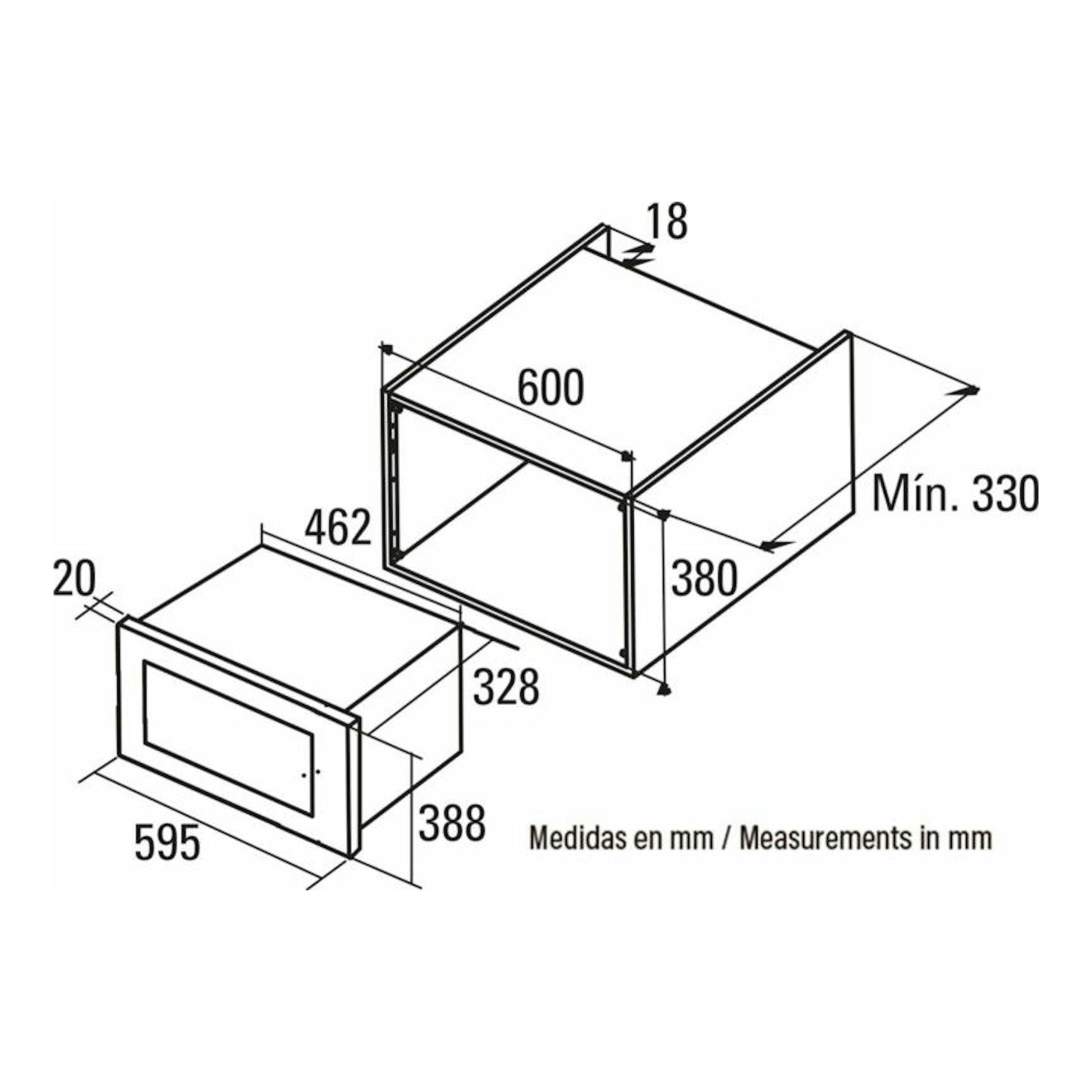 Diagrama de instalación del microondas Cata MC20D Inox, vista isométrica con medidas en mm.
