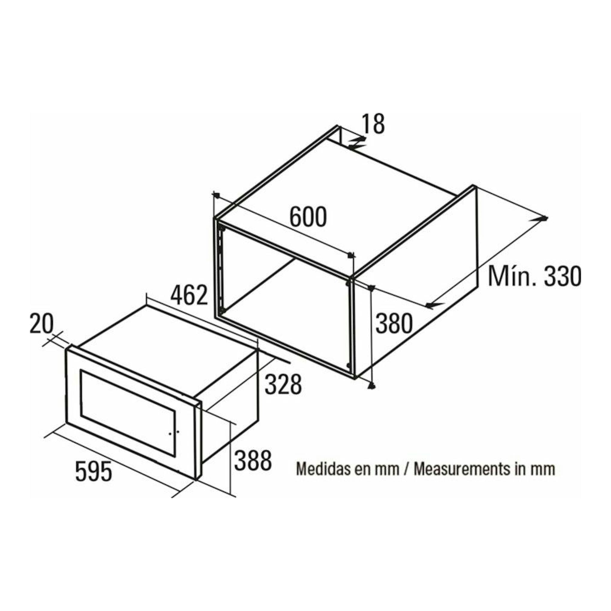 Diagrama de instalación del microondas Cata MC20D Inox, vista isométrica con medidas en mm.