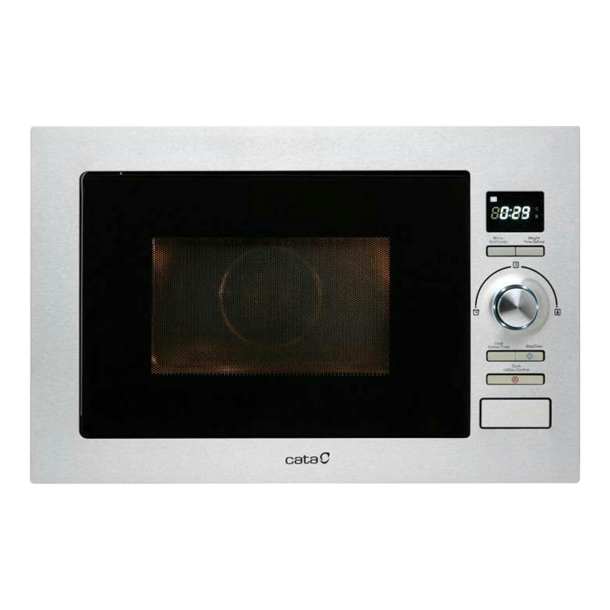 Microondas empotrable Cata MC25D Inox, vista frontal, acero inoxidable, puerta negra y panel digital lateral.
