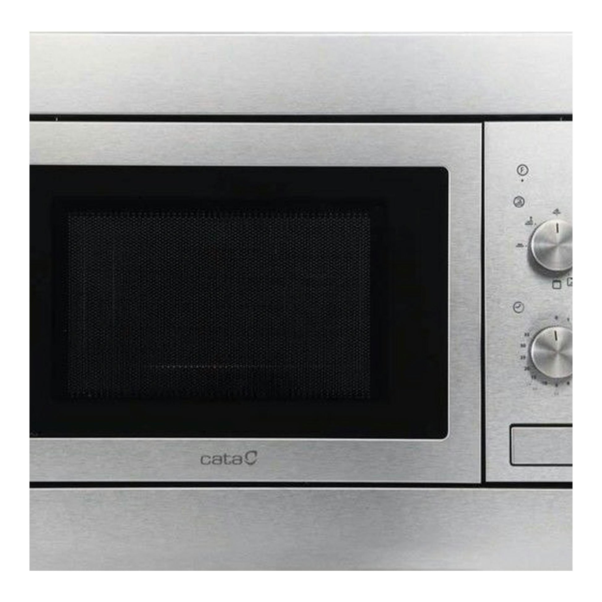 Microondas Cata MMA20X en inox, vista frontal con puerta negra y dos mandos laterales.