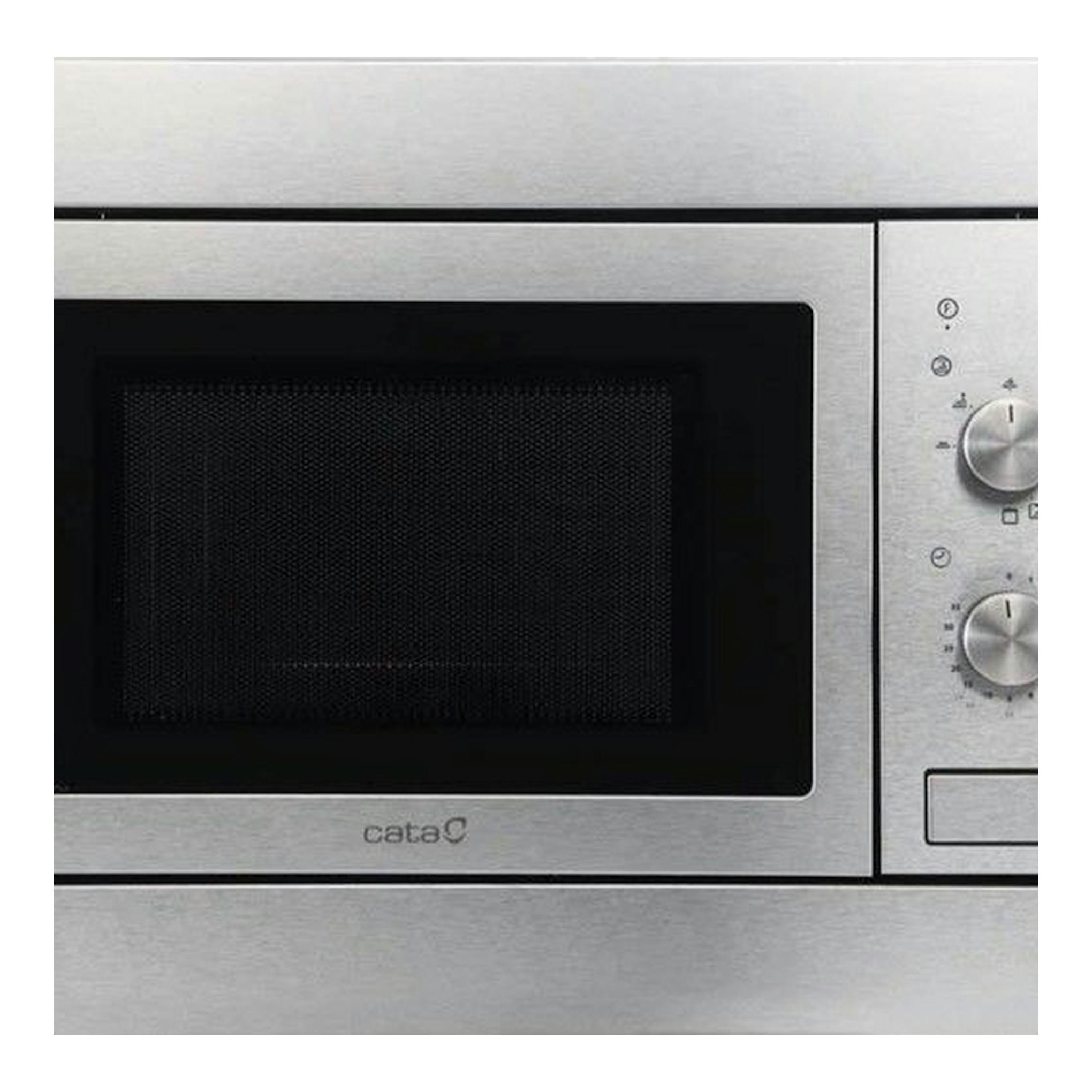 Microondas Cata MMA20X en inox, vista frontal con puerta negra y dos mandos laterales.