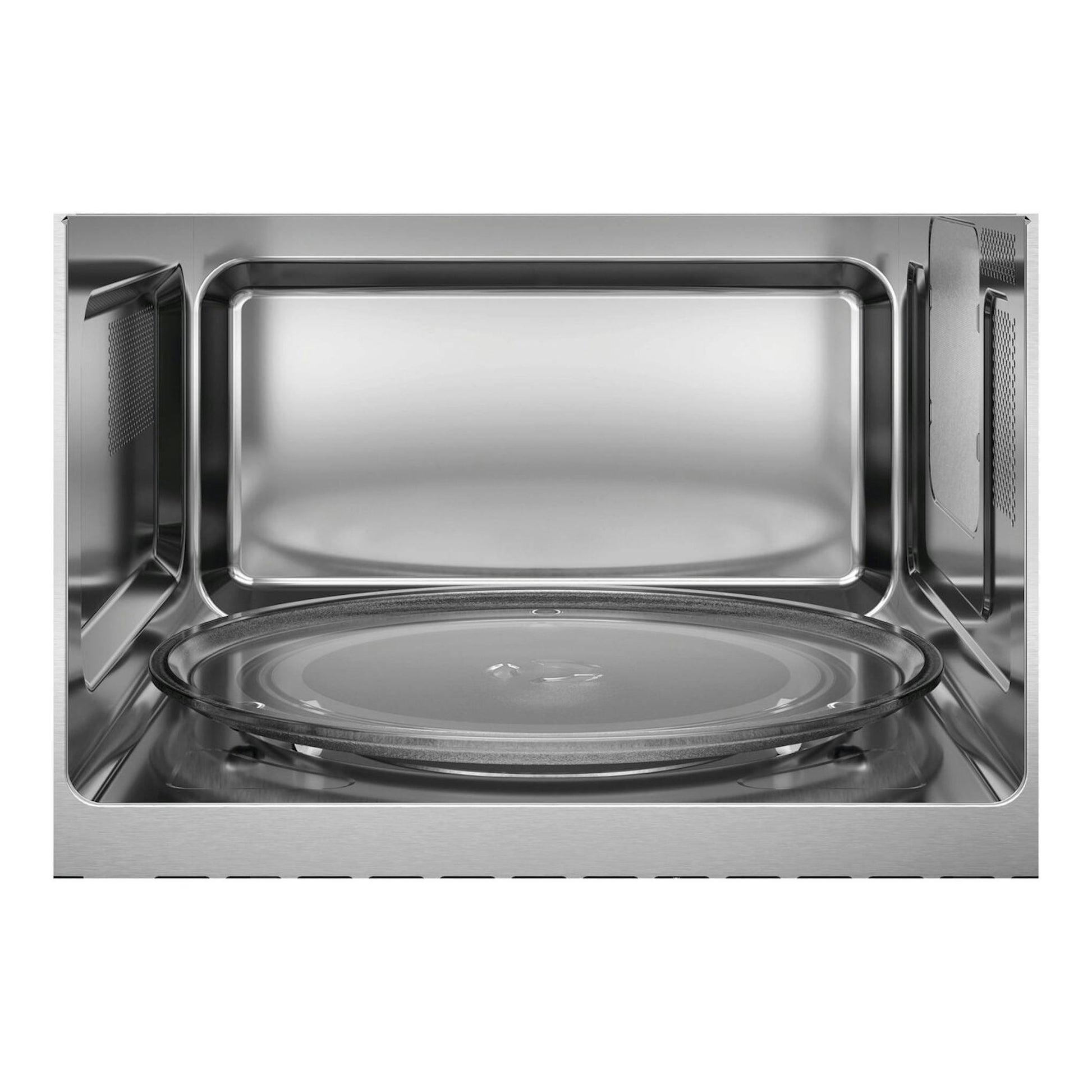 Microondas integrable Electrolux LMS4203TMK, vista frontal del interior en acero inoxidable con plato giratorio.