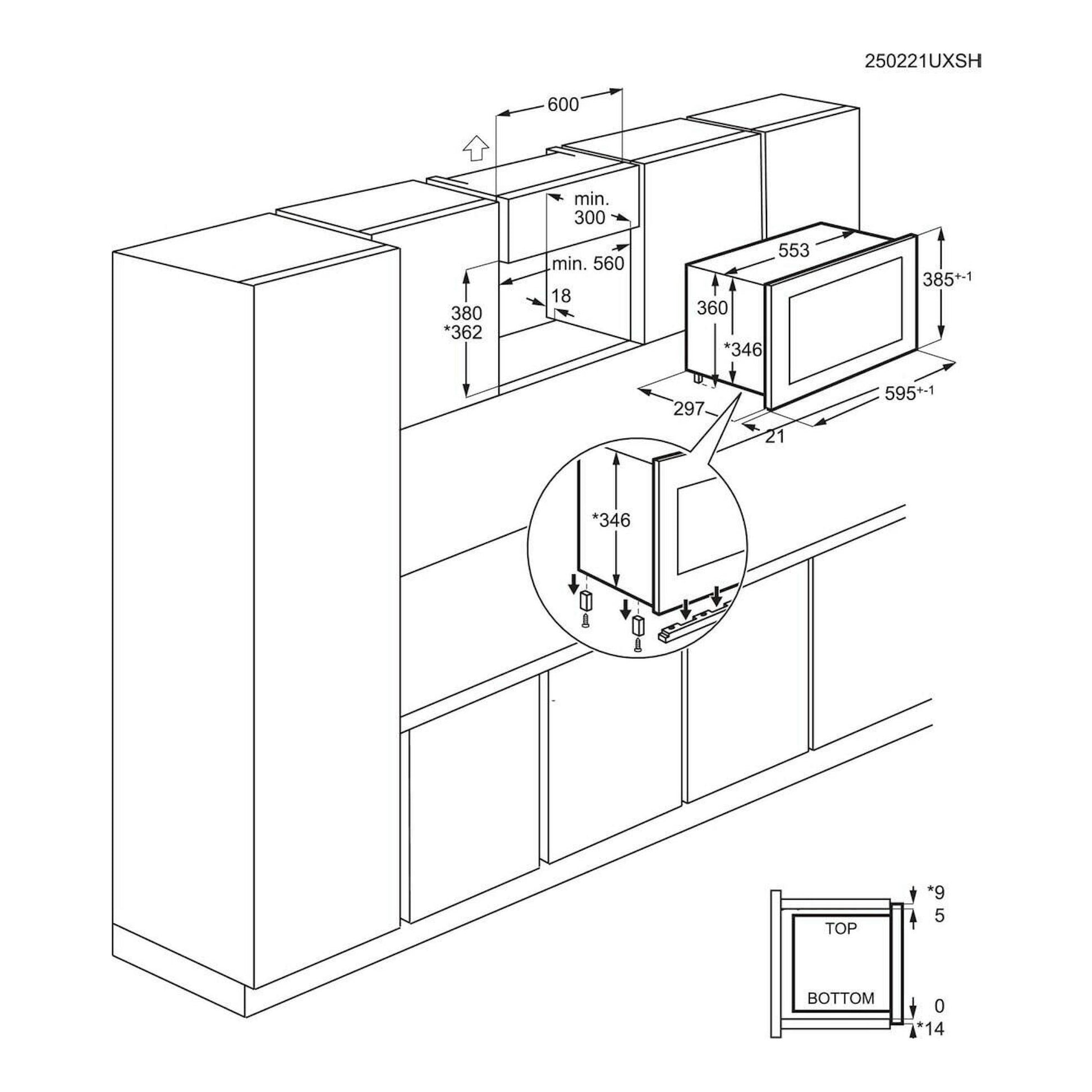 Esquema de instalación del microondas integrable Electrolux LMS4203TMK, vista frontal, con medidas.