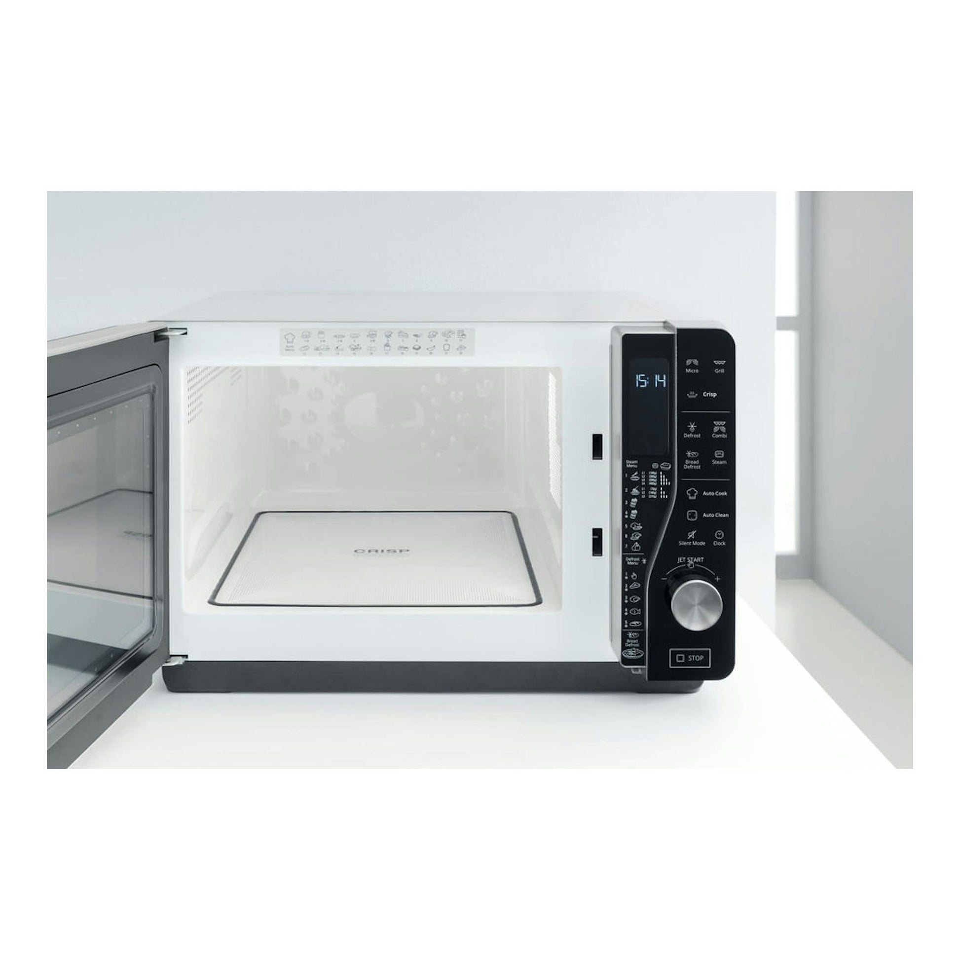 Microondas Whirlpool MWF 427 SL blanco con puerta abierta, panel negro y cavidad con base Crisp, vista frontal.