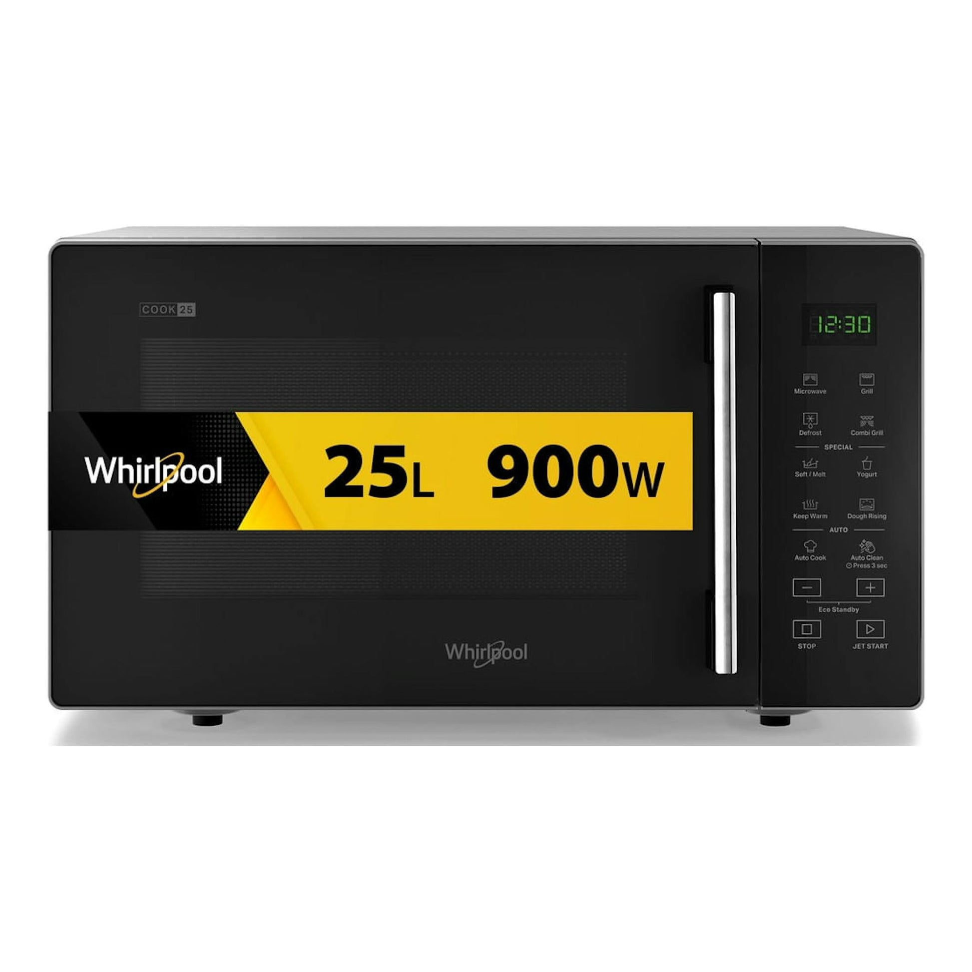 Microondas Whirlpool MWP 253 SB negro, vista frontal con panel digital y puerta de cristal.