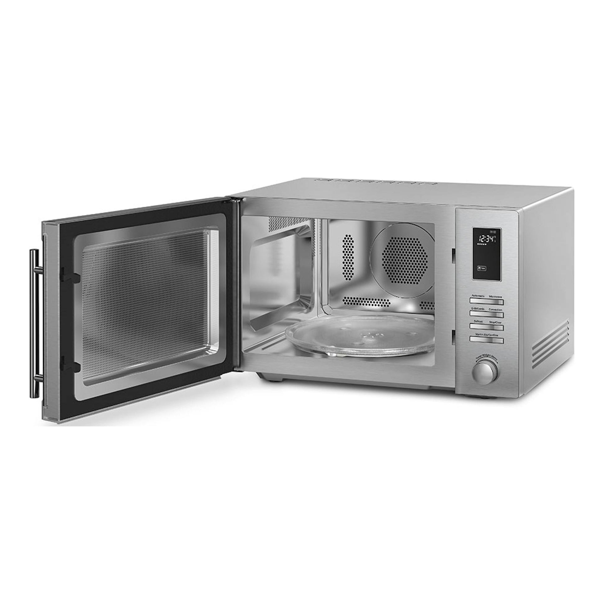 Microondas Smeg MOE34CXI2 de acero inoxidable, vista frontal en ángulo, con la puerta abierta.