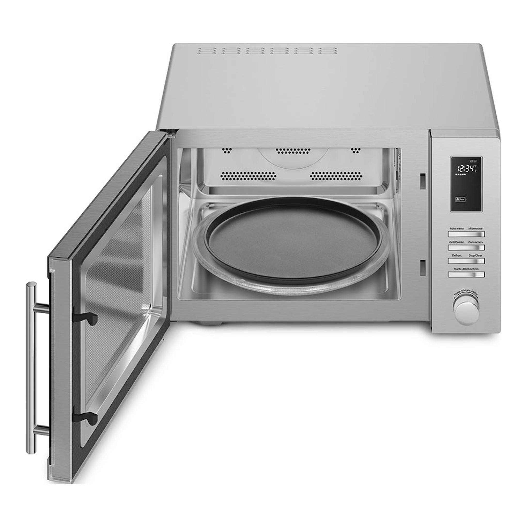 Microondas Smeg MOE34CXI2 de acero inoxidable, vista frontal con la puerta abierta.