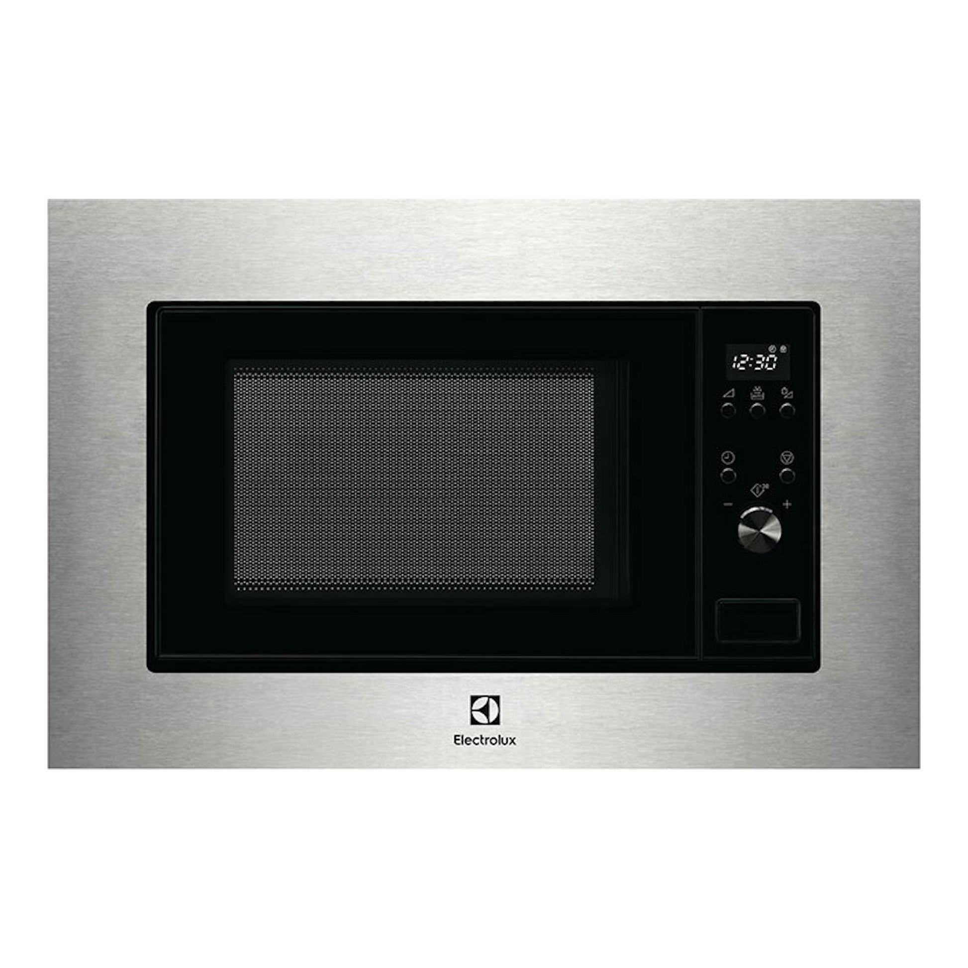 Microondas empotrable Electrolux EMS2203MMX inox, vista frontal, puerta negra y panel digital a la derecha.