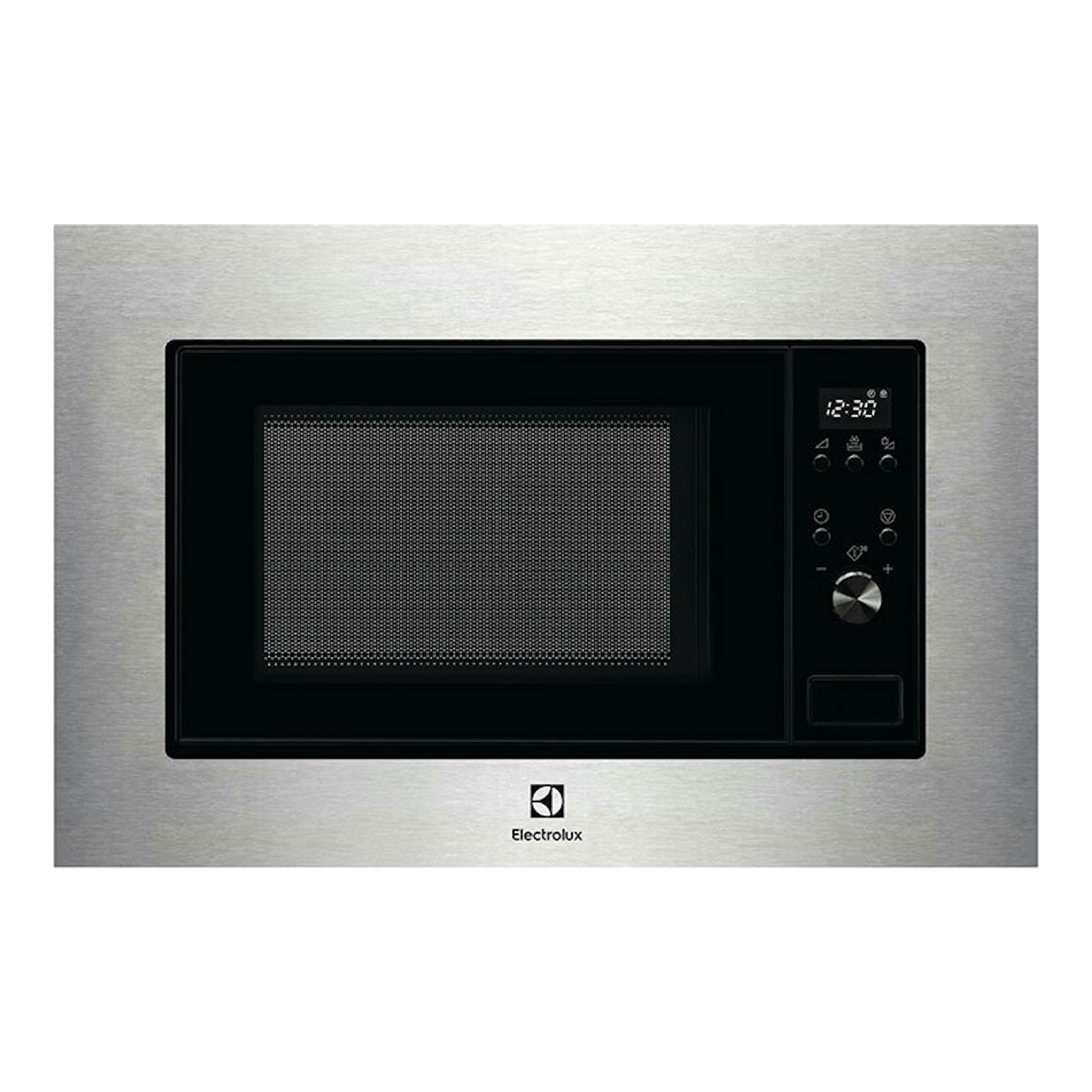 Microondas empotrable Electrolux EMS2203MMX inox, vista frontal, puerta negra y panel digital a la derecha.