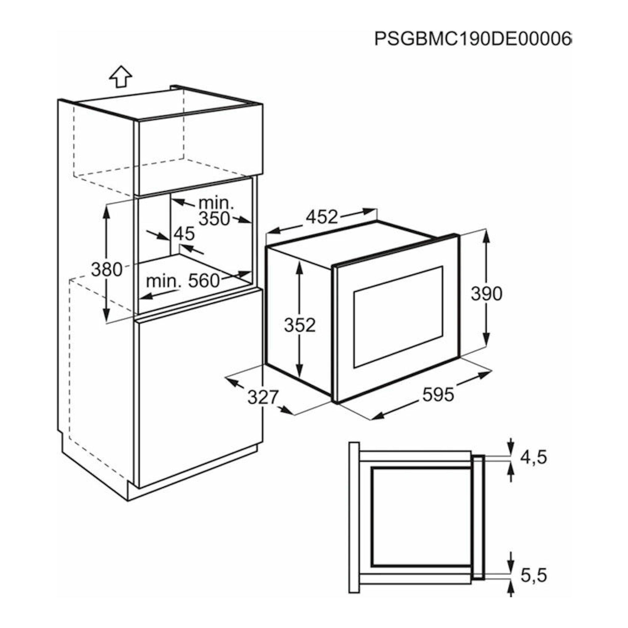 Diagrama de instalación del microondas Electrolux EMS2203MMX inox, con vistas y medidas de encastre.