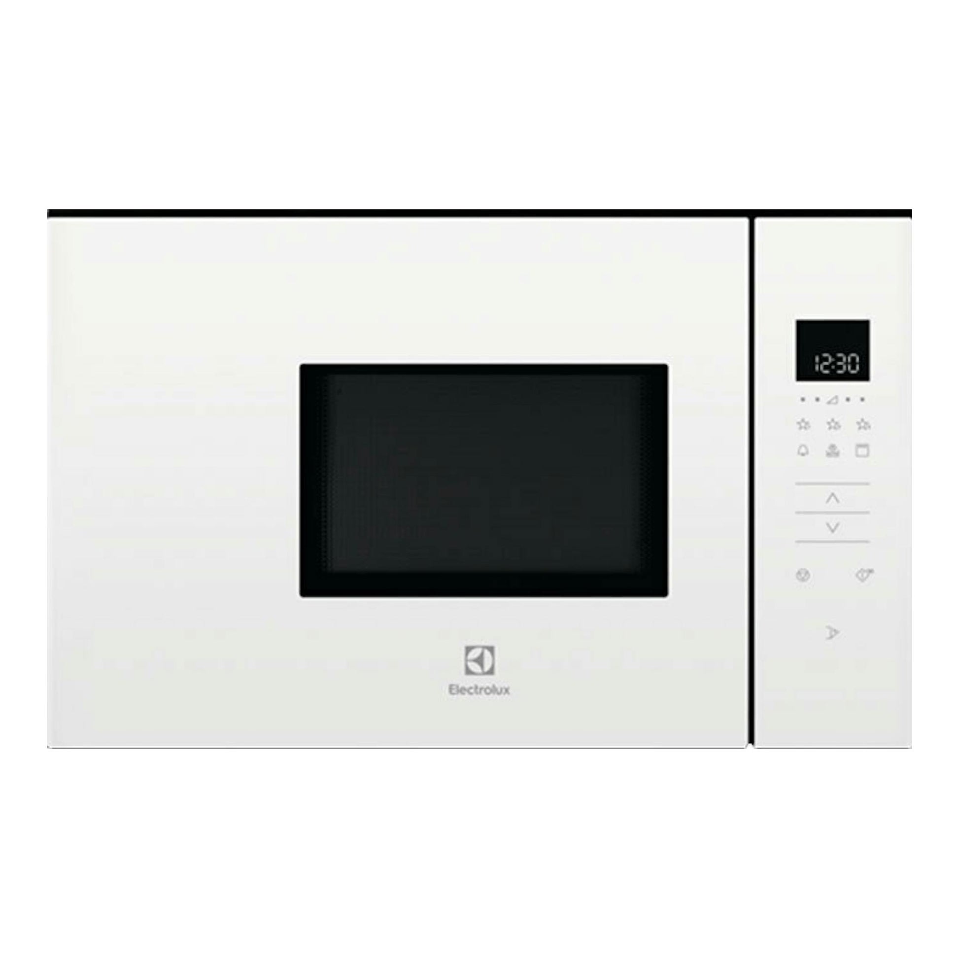 Microondas empotrable Electrolux KMFD172TEW blanco, vista frontal, puerta negra y panel de control a la derecha.