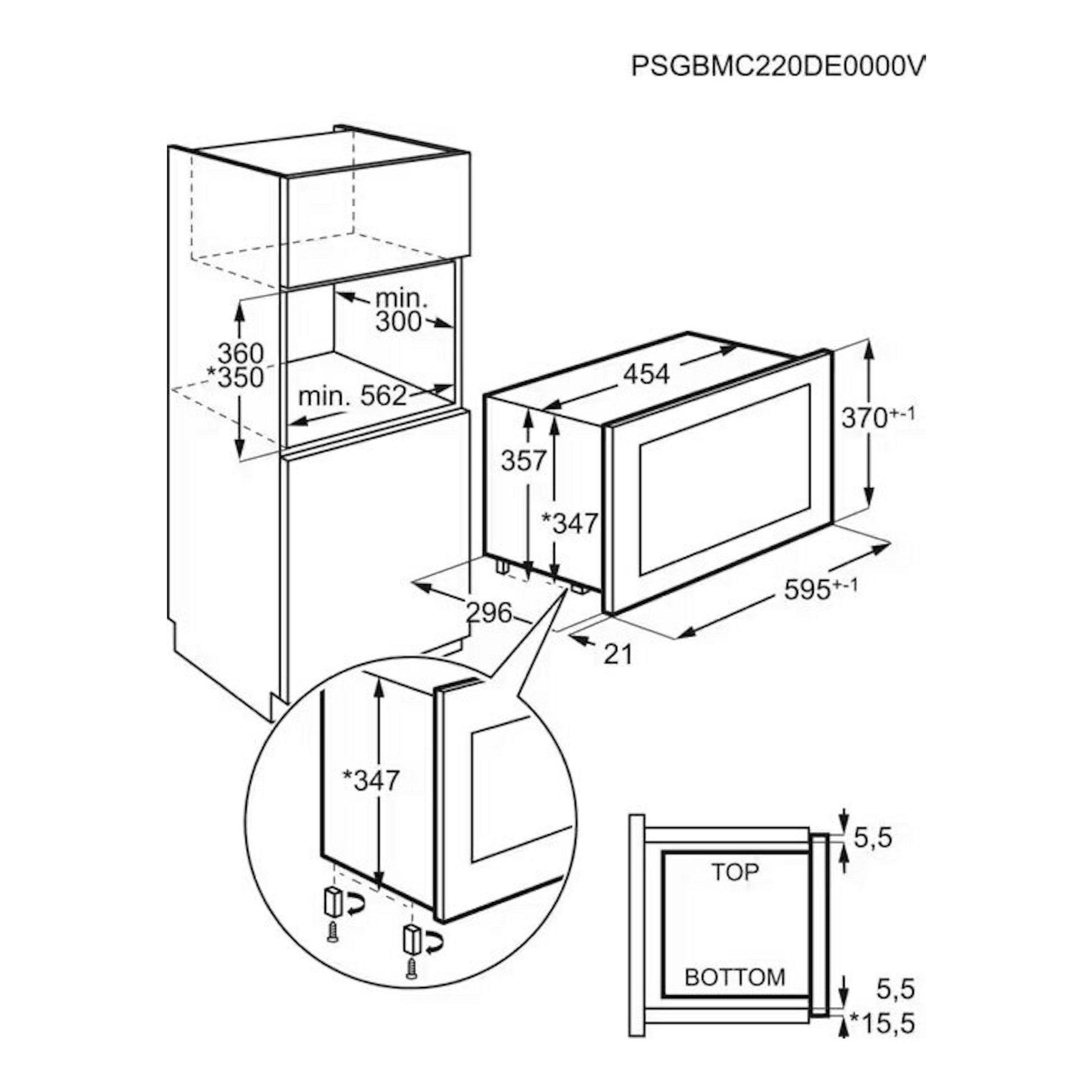 Diagrama técnico del microondas Electrolux KMFD172TEW blanco, vista frontal y lateral con medidas de instalación.