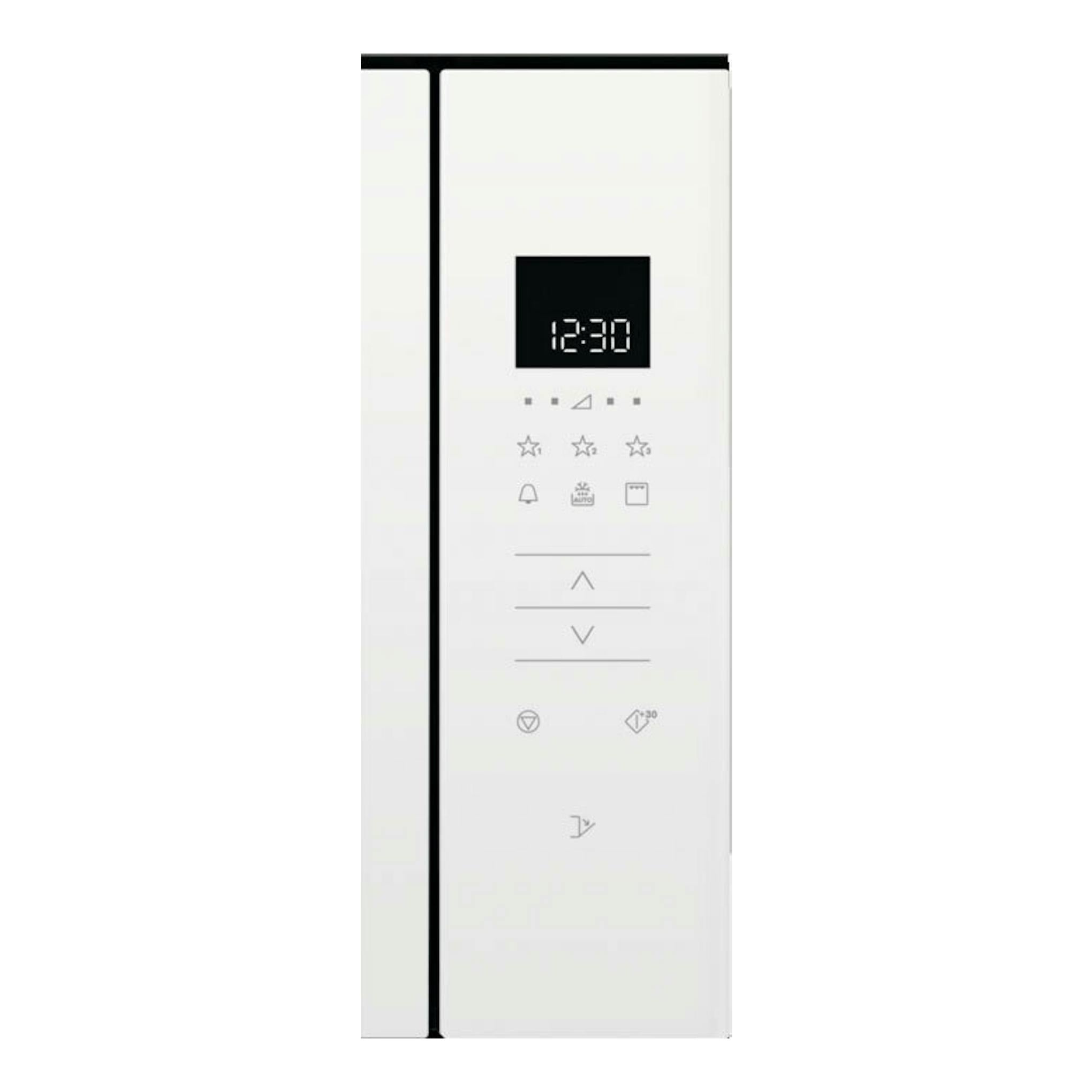 Microondas Electrolux KMFD172TEW blanco, vista frontal parcial con panel táctil y display digital.
