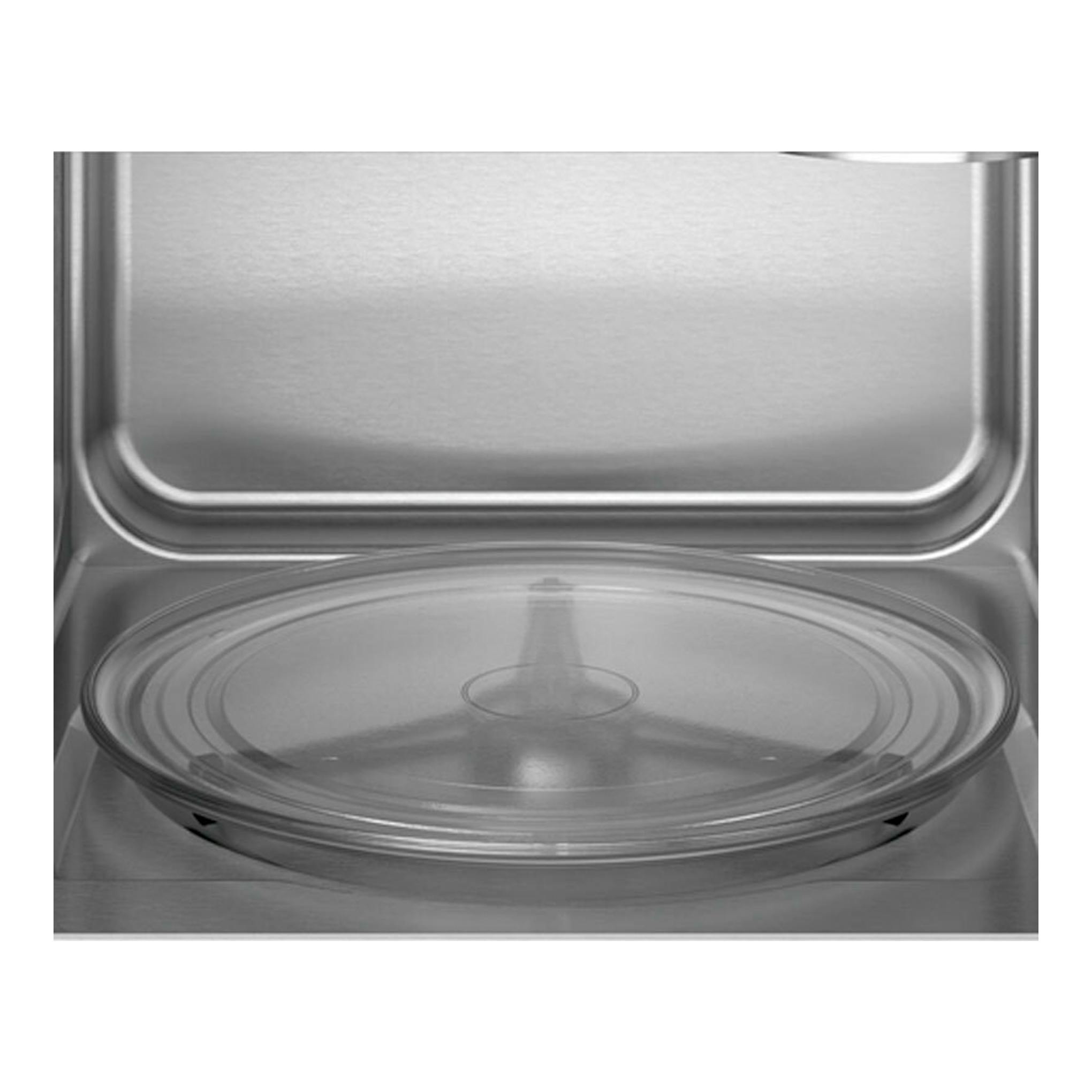 Microondas Electrolux KMFD172TEW blanco, vista frontal interior de acero inoxidable con plato giratorio de vidrio.