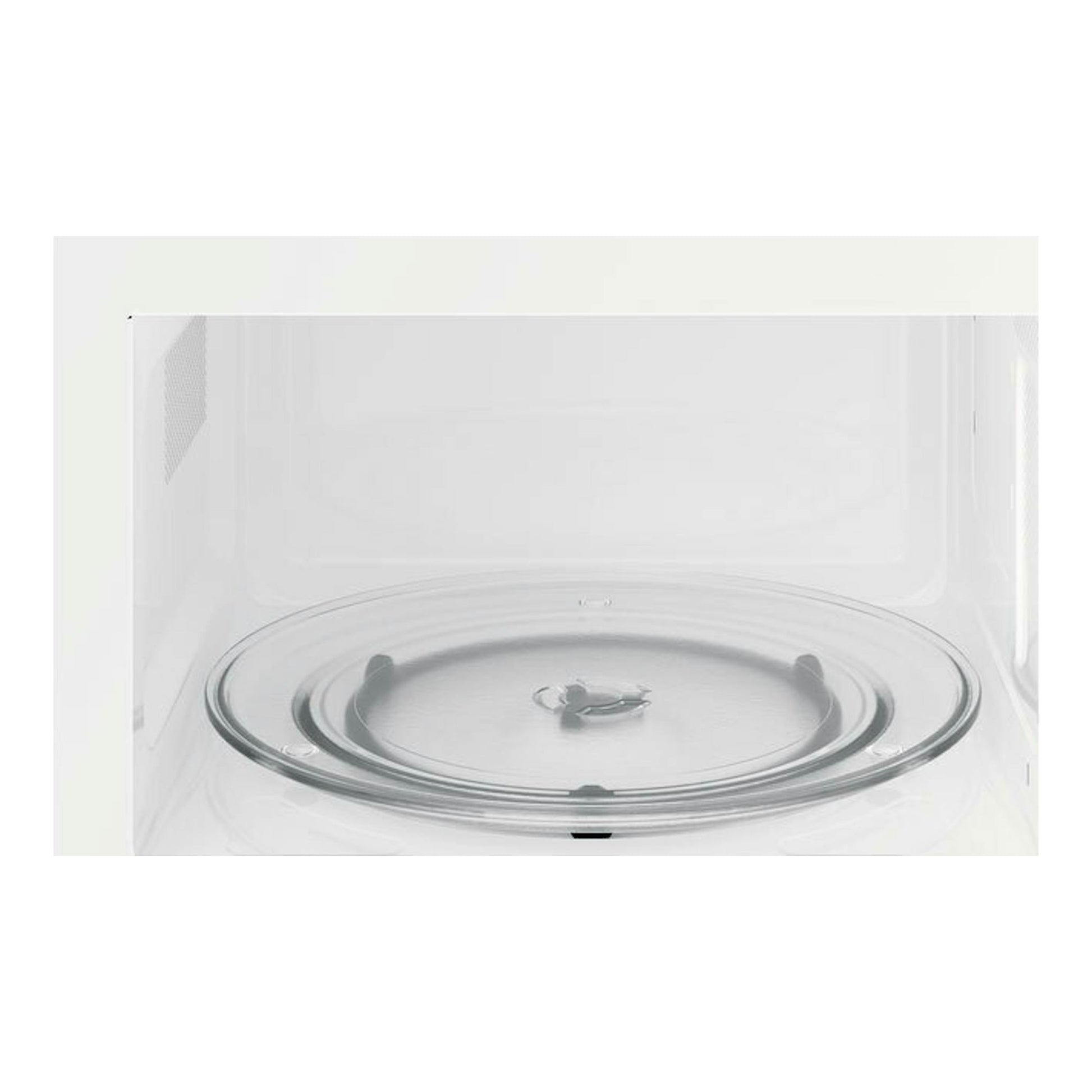 Microondas Electrolux KMFD172TEW blanco, vista frontal interior con plato giratorio de vidrio.