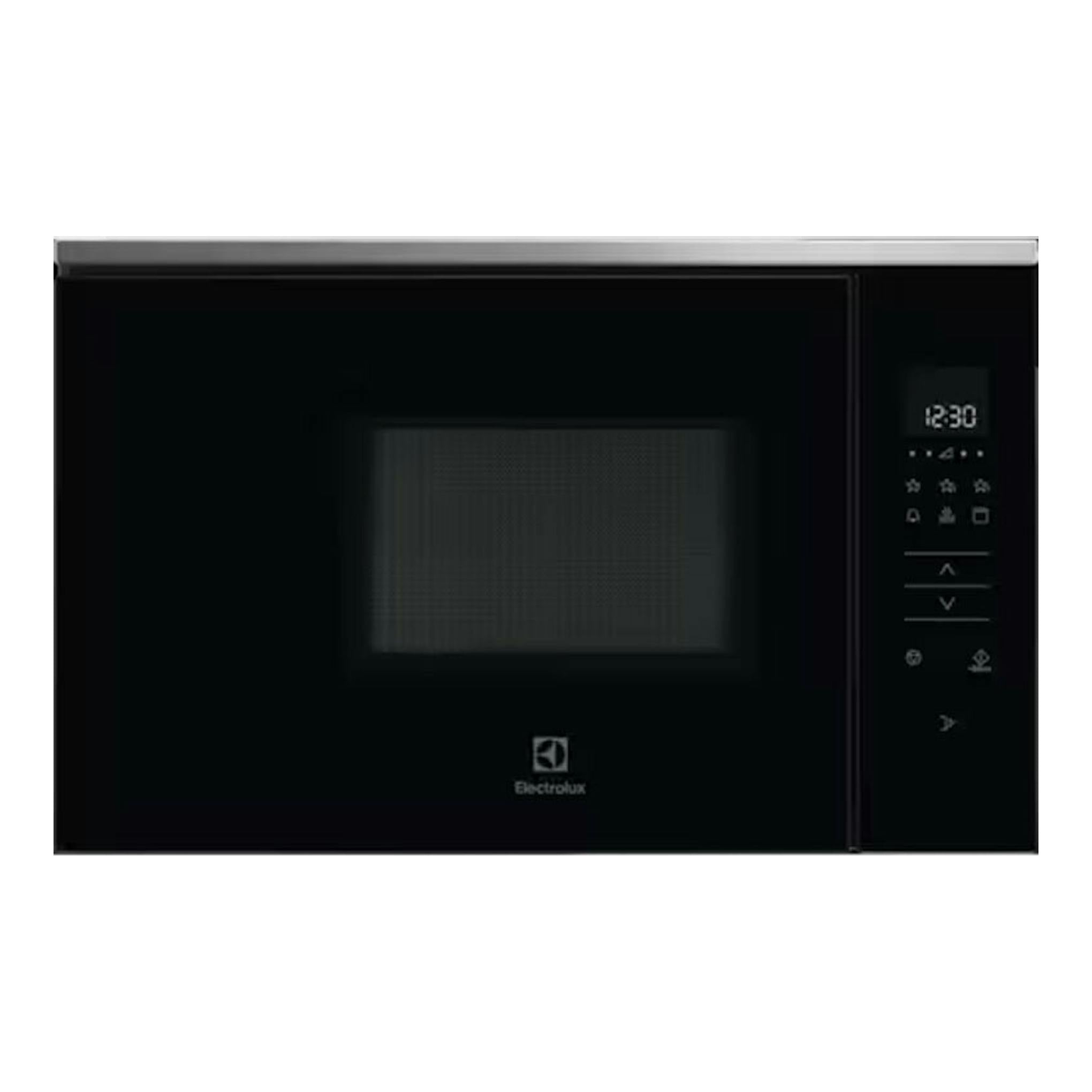 Microondas Electrolux KMFD172TEX negro, vista frontal, con puerta negra y panel digital a la derecha.