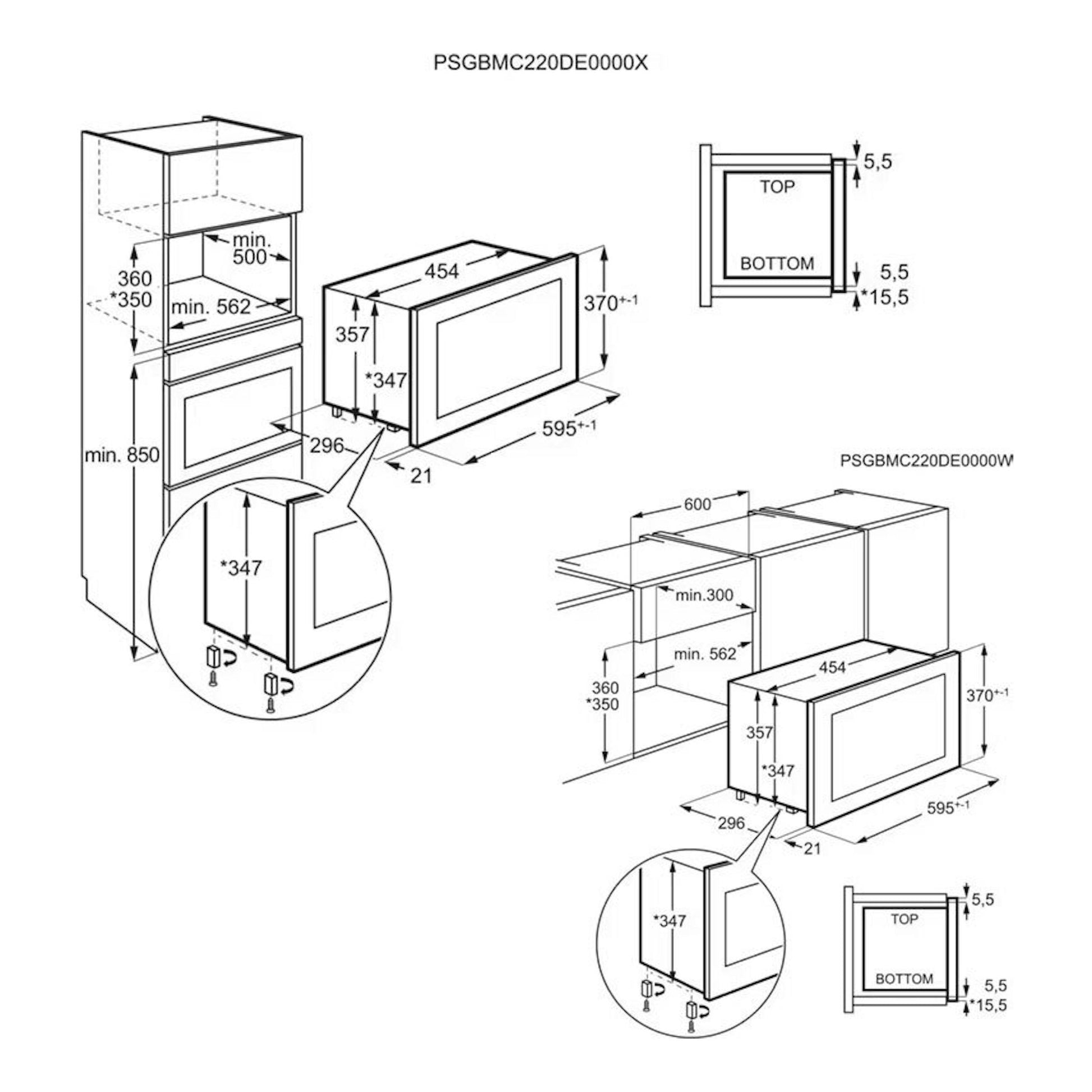 Esquema de instalación del microondas Electrolux KMFD172TEX negro, con vistas frontal y lateral y medidas.