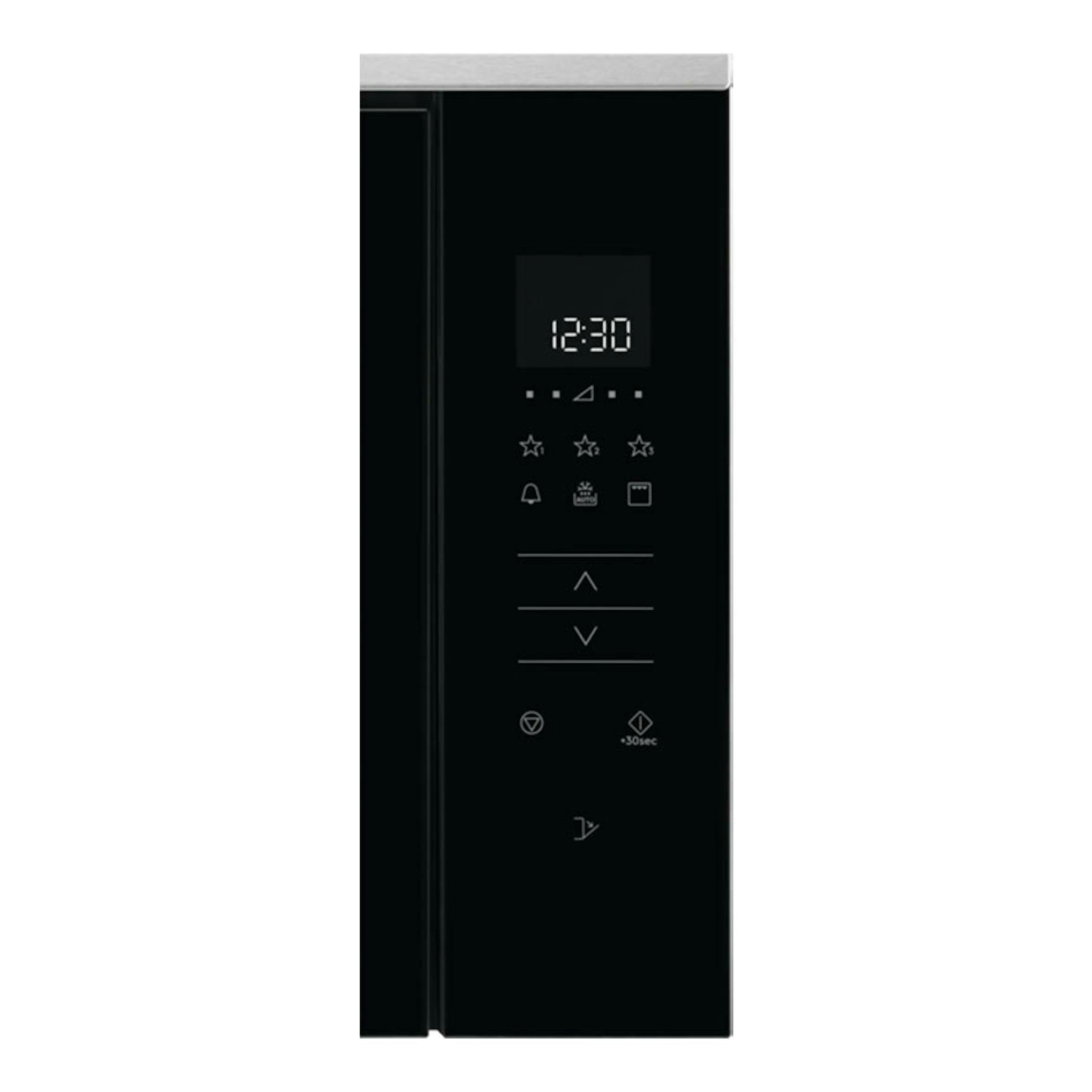 Microondas Electrolux KMFD172TEX negro, vista frontal, panel digital negro con pantalla y botones táctiles.