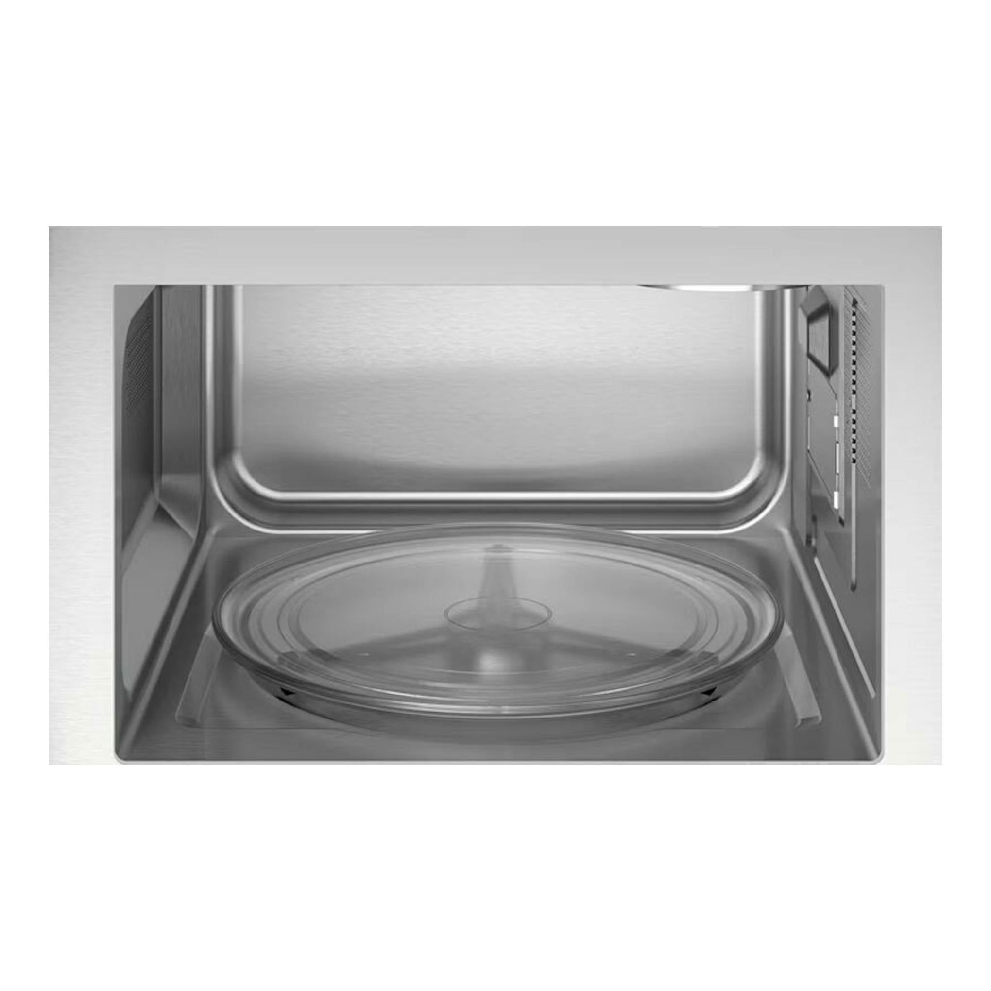 Microondas Electrolux KMFD172TEX, vista frontal del interior en acero inoxidable con plato giratorio de vidrio.