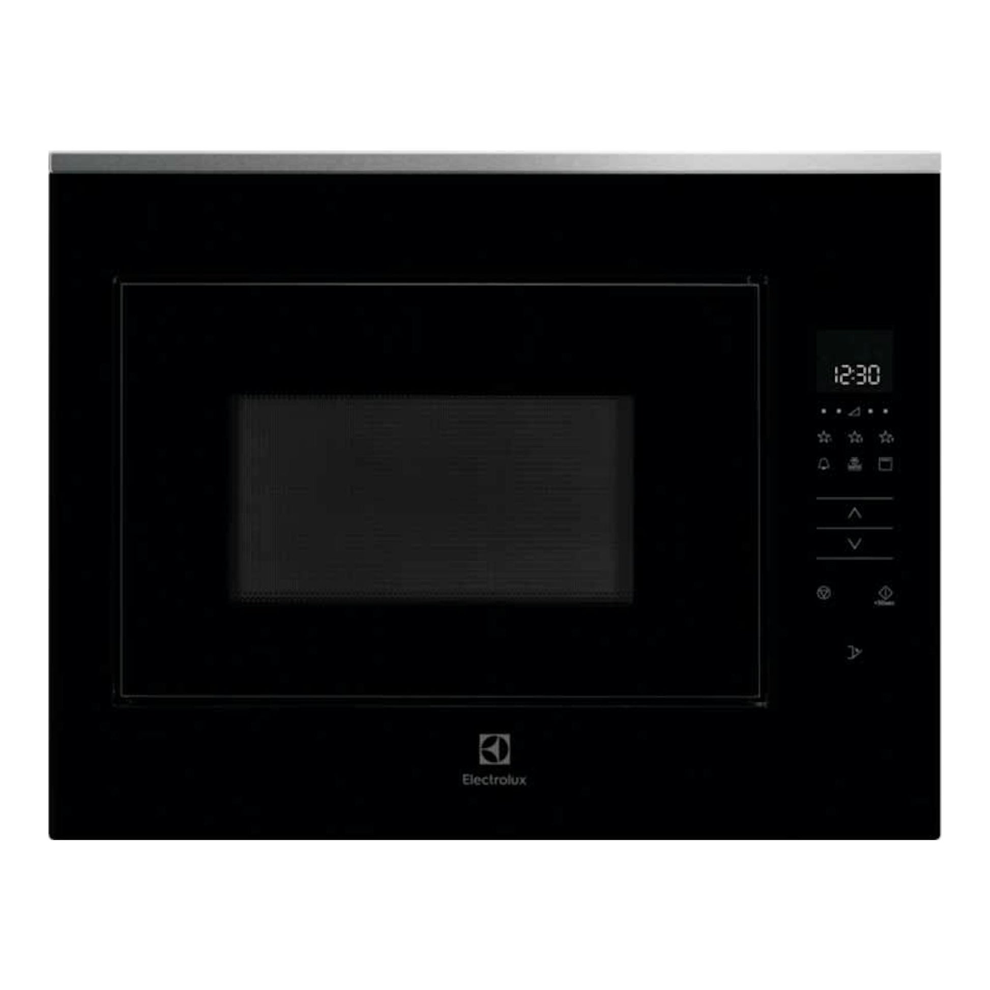 Microondas empotrable Electrolux KMFD264TEX negro, vista frontal con panel digital a la derecha.