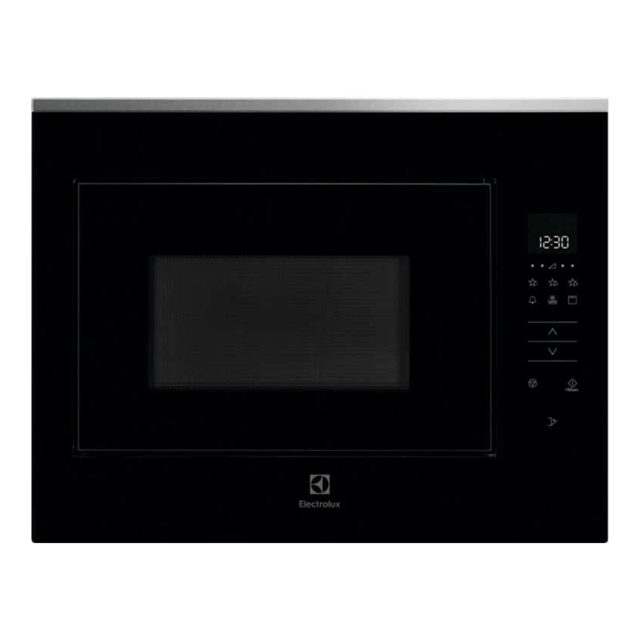 Microondas empotrable Electrolux KMFD264TEX negro, vista frontal con panel digital a la derecha.