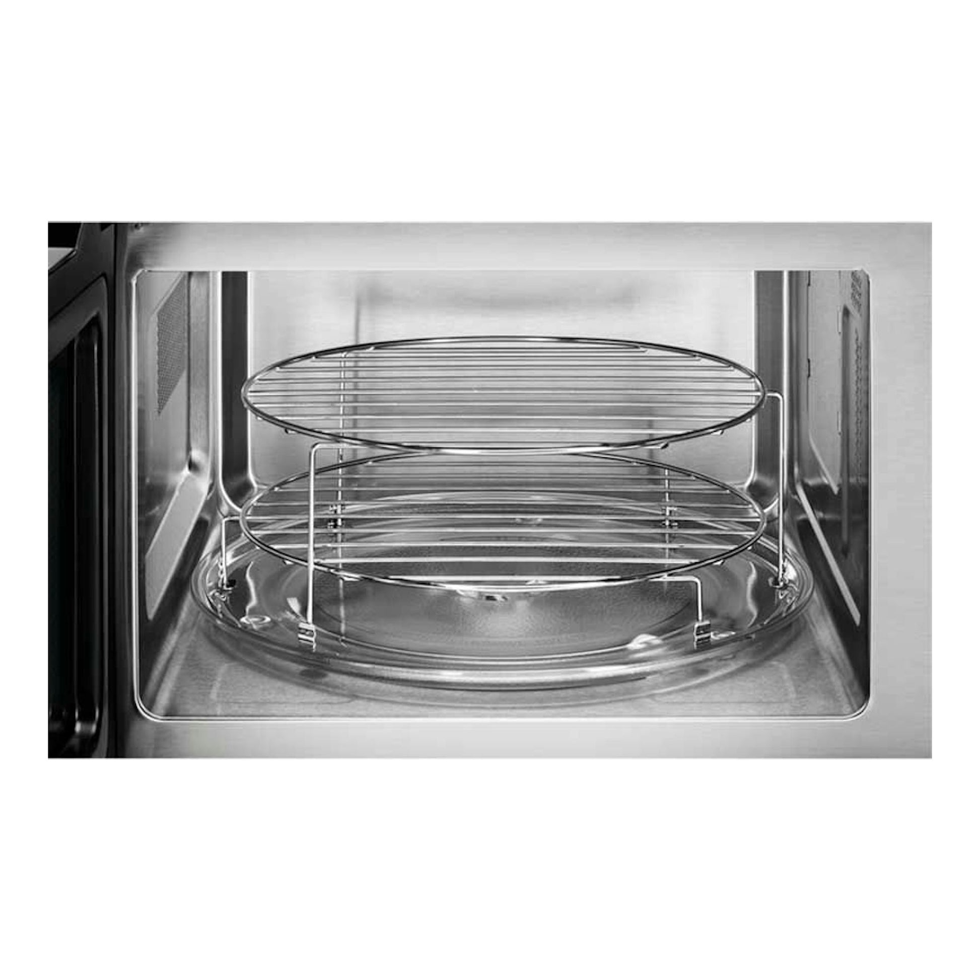 Interior de microondas Electrolux KMFD264TEX en acero inoxidable, con dos rejillas circulares y puerta abierta.