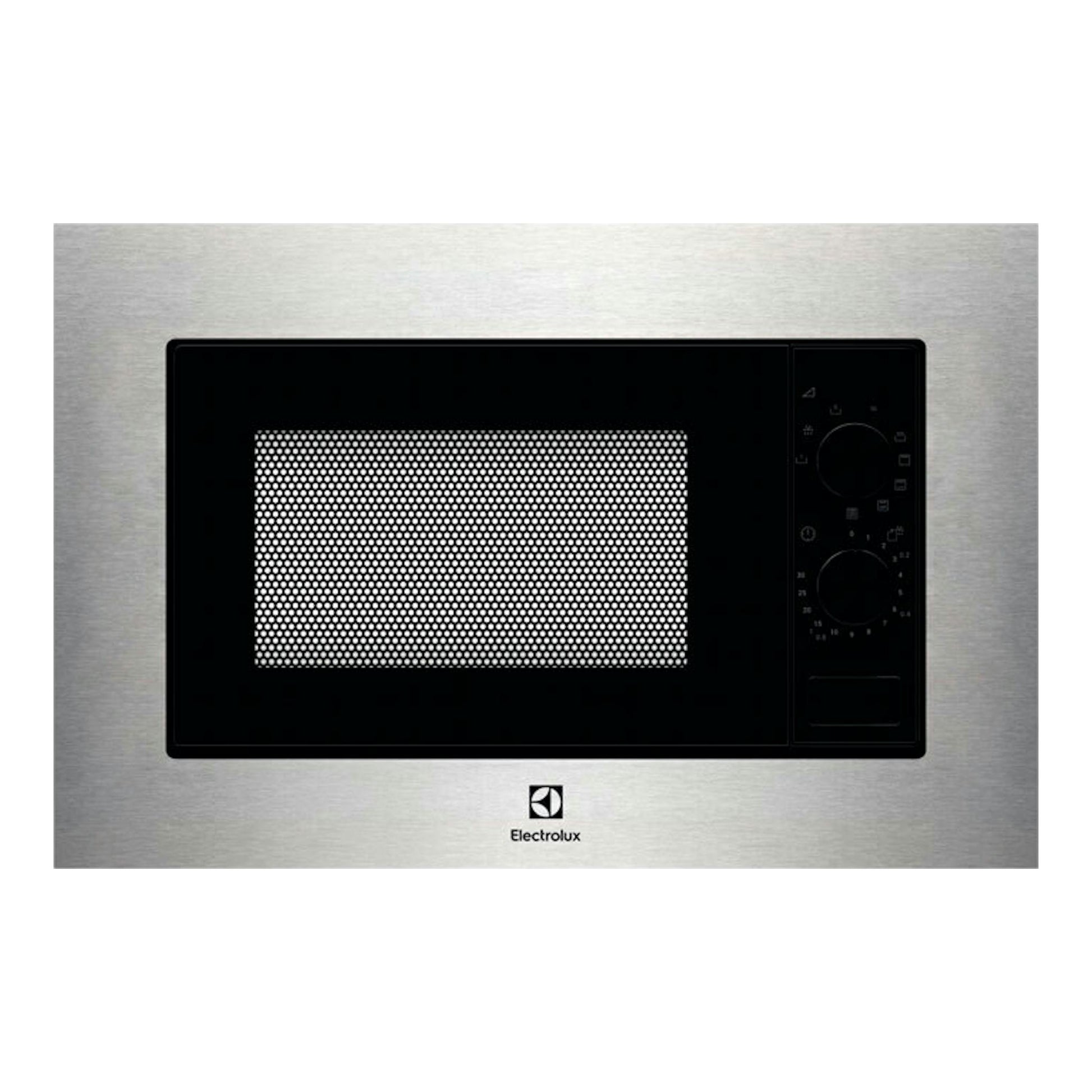 Microondas empotrable Electrolux KMSD203MMX inox, vista frontal, puerta negra y panel lateral derecho.