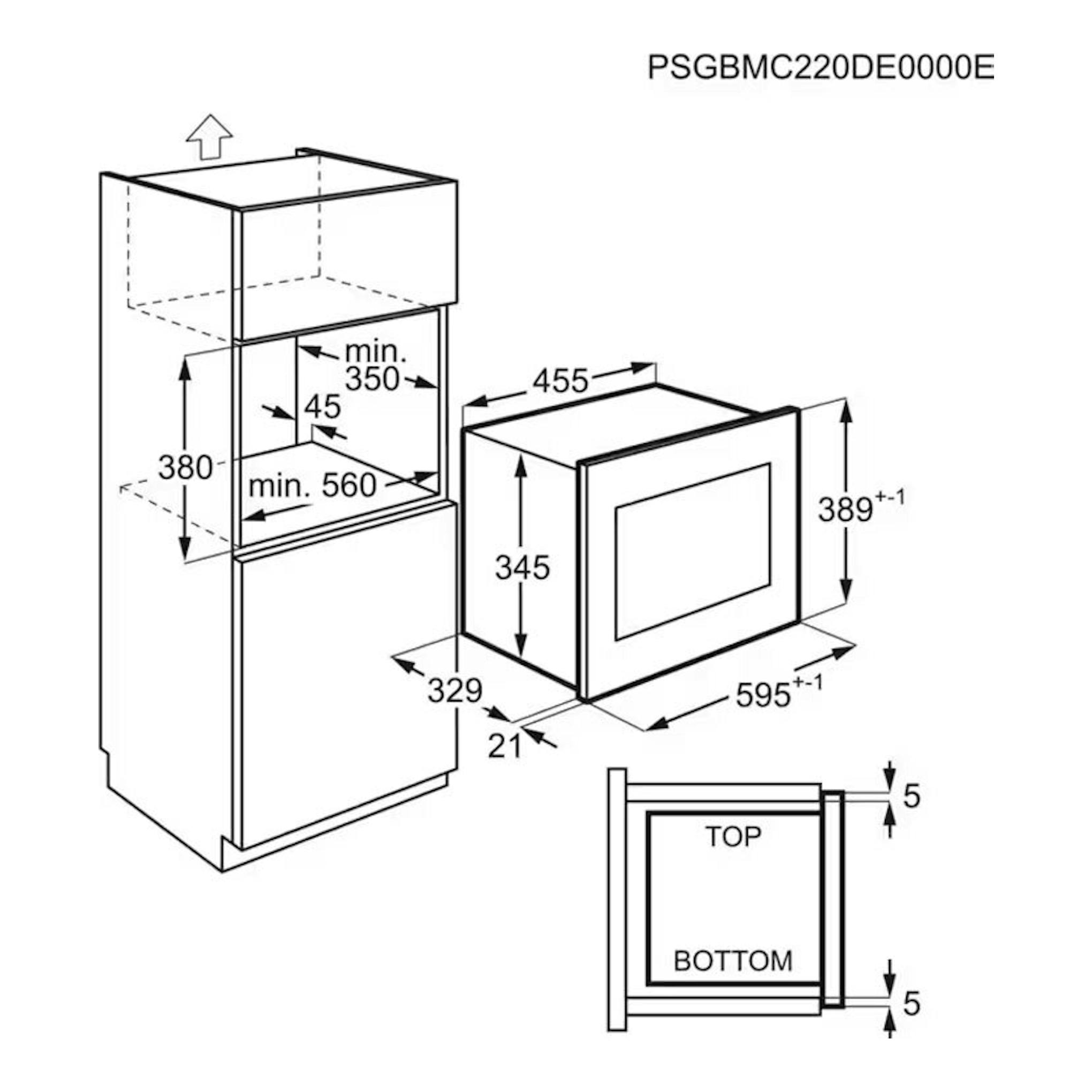Diagrama técnico del microondas Electrolux KMSD203MMX inox, con medidas de encastre y vista frontal.
