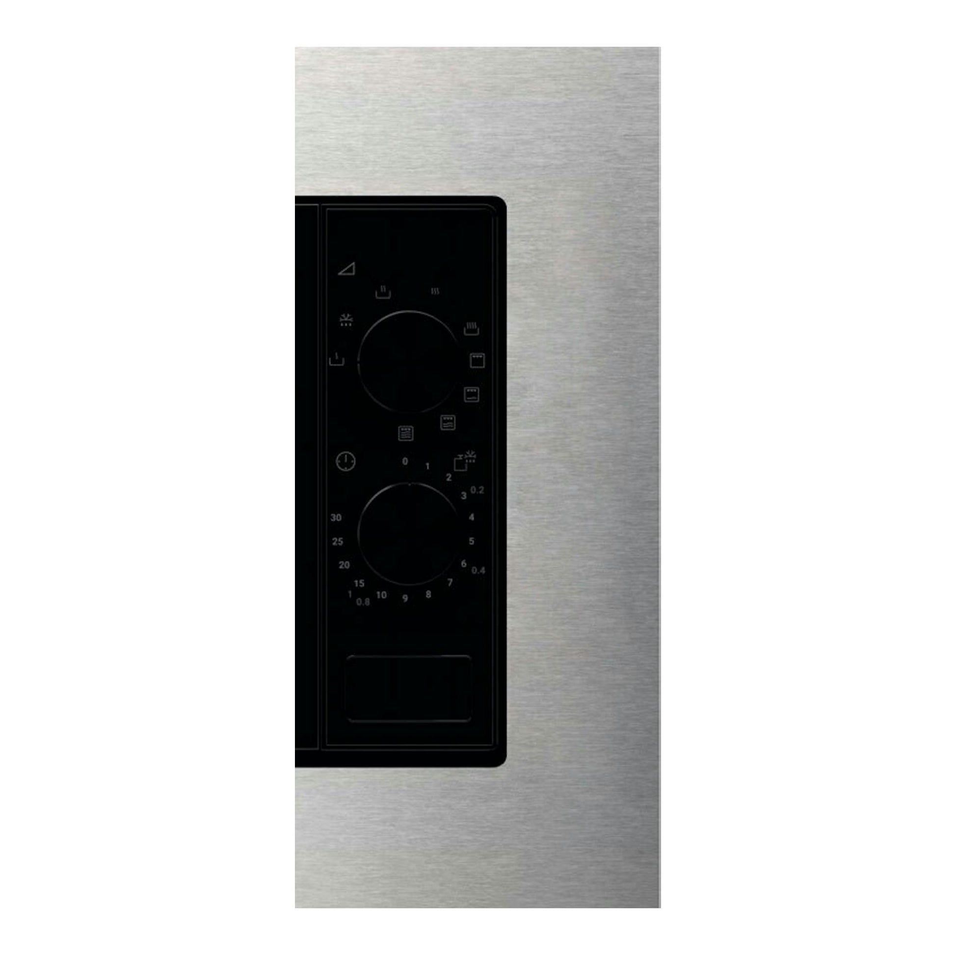 Microondas Electrolux KMSD203MMX en acero inoxidable, vista frontal parcial con panel negro.