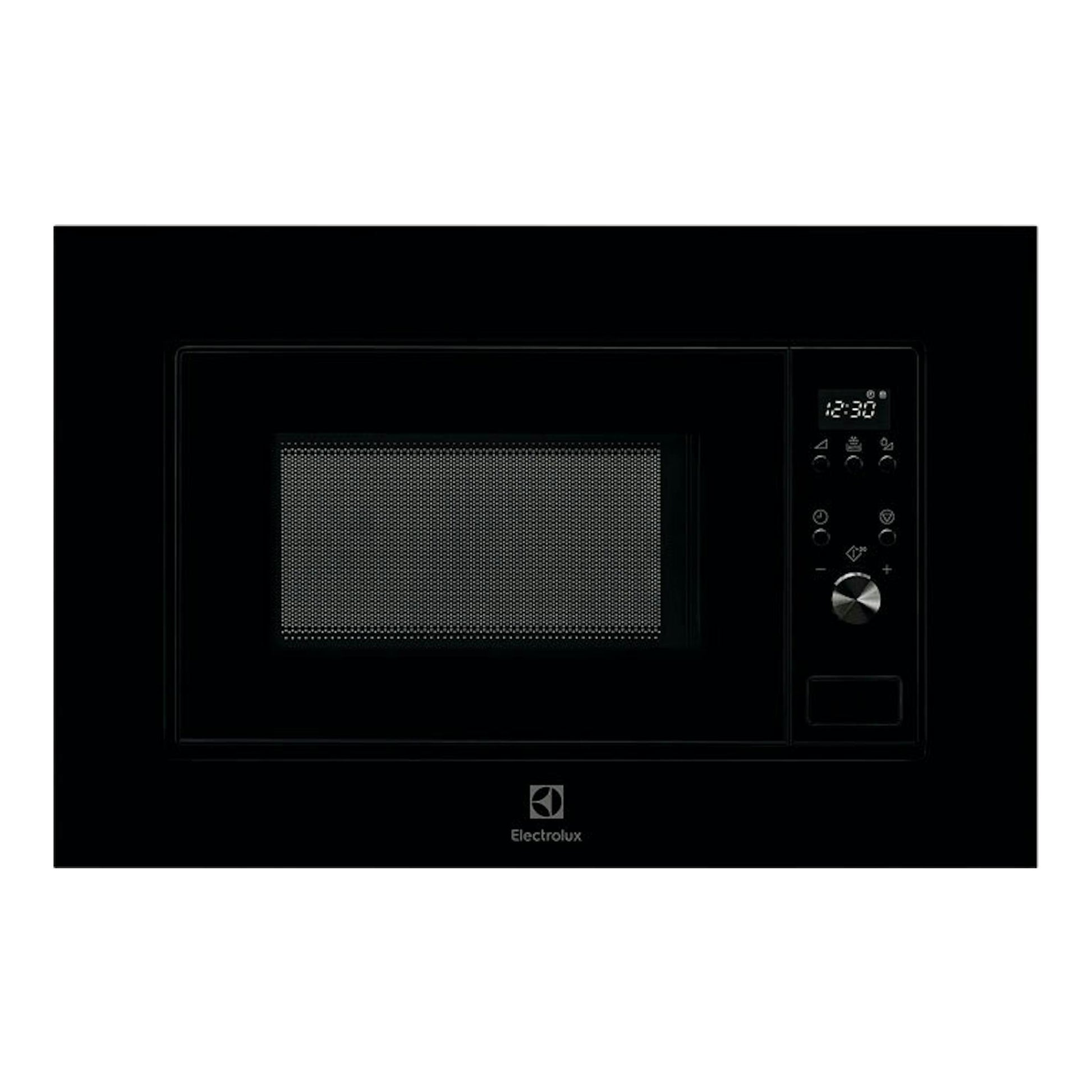 Microondas empotrable Electrolux LMS2173EMK negro, vista frontal, con panel digital a la derecha.