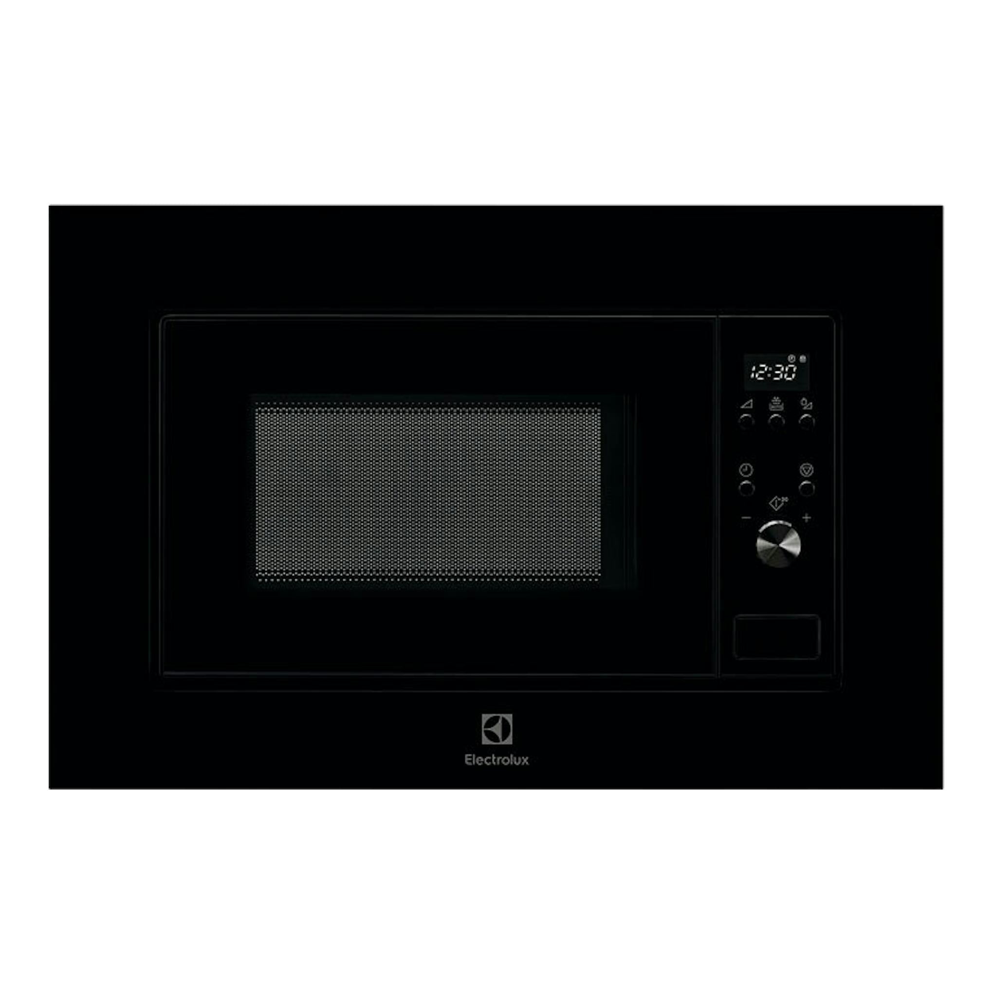Microondas empotrable Electrolux LMS2173EMK negro, vista frontal, con panel digital a la derecha.