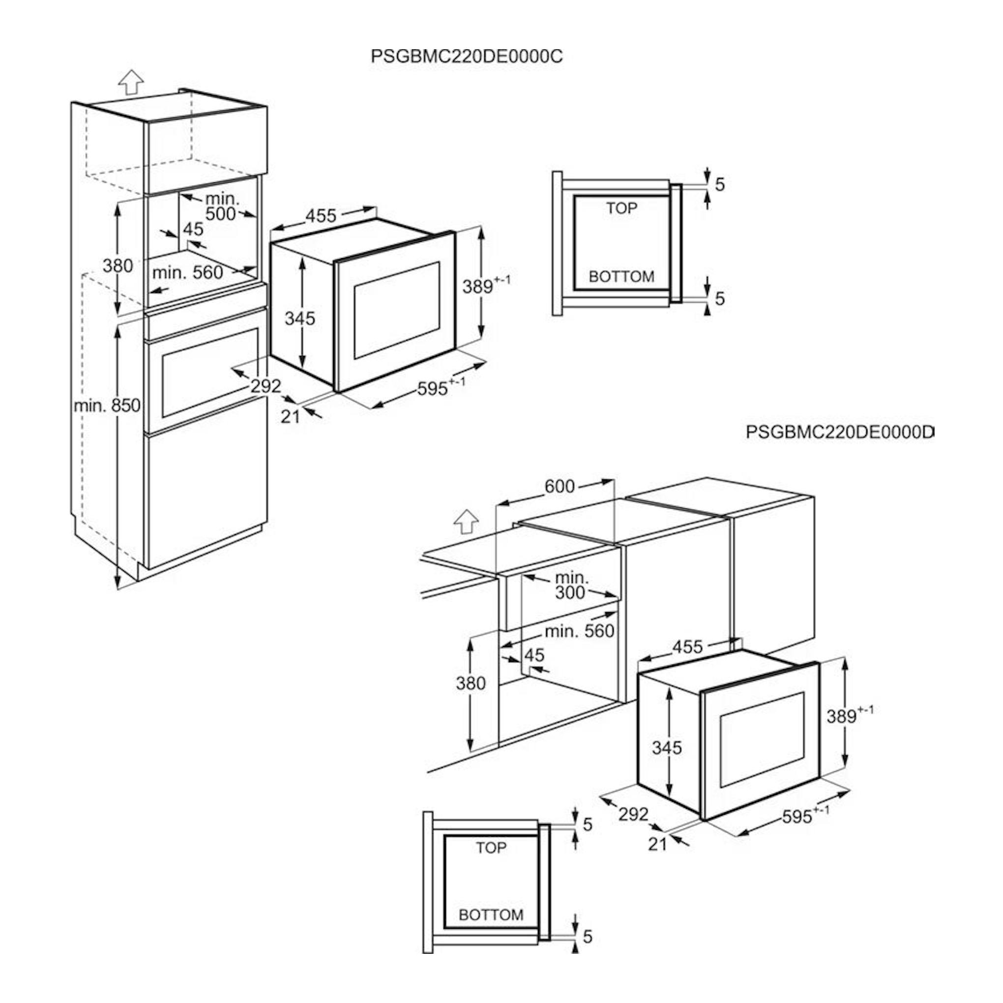 Diagrama técnico del microondas Electrolux LMS2173EMK negro, con vistas frontal y lateral y cotas.